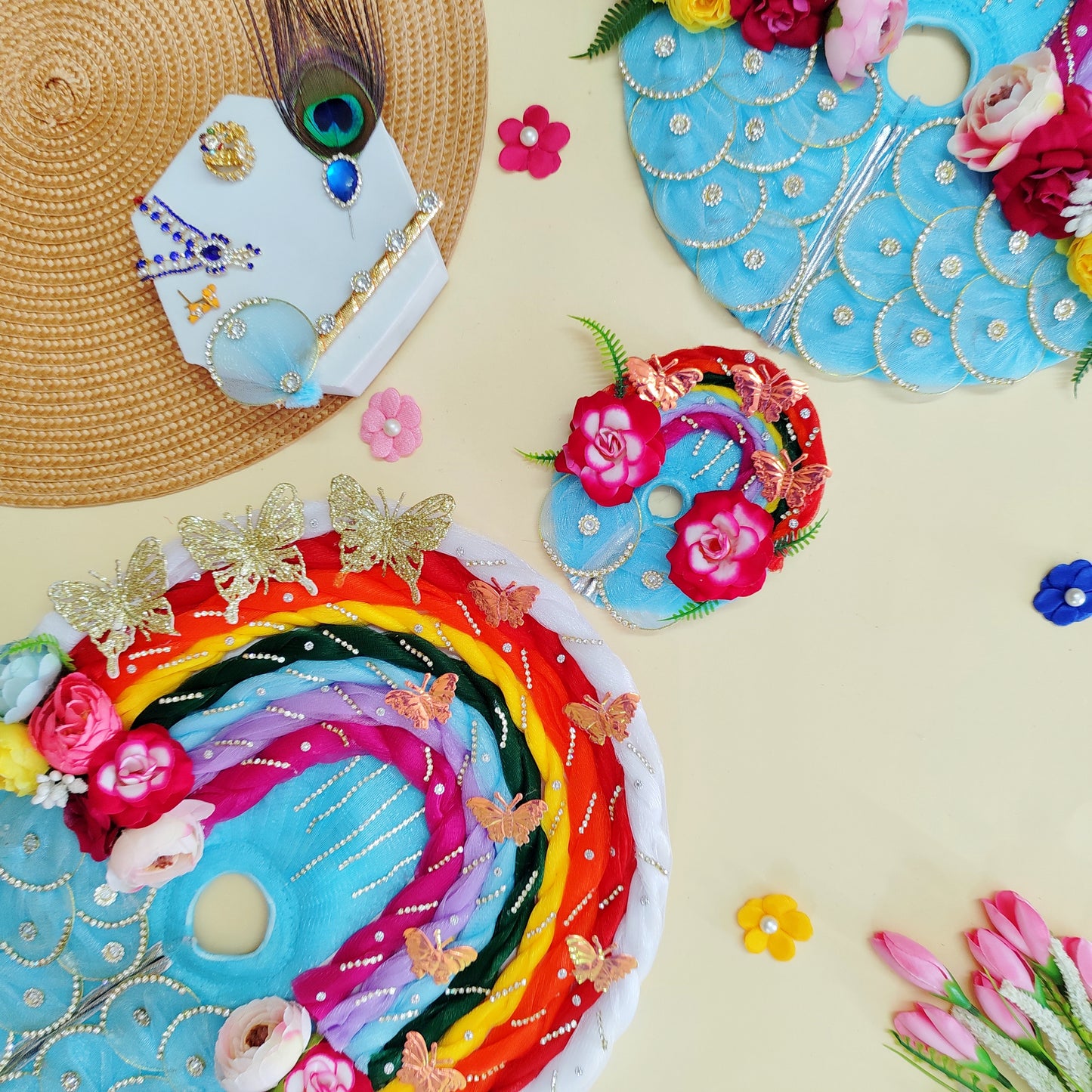 Colorful Laddu Gopal Dress with flowers, butterflies, and a rainbow design