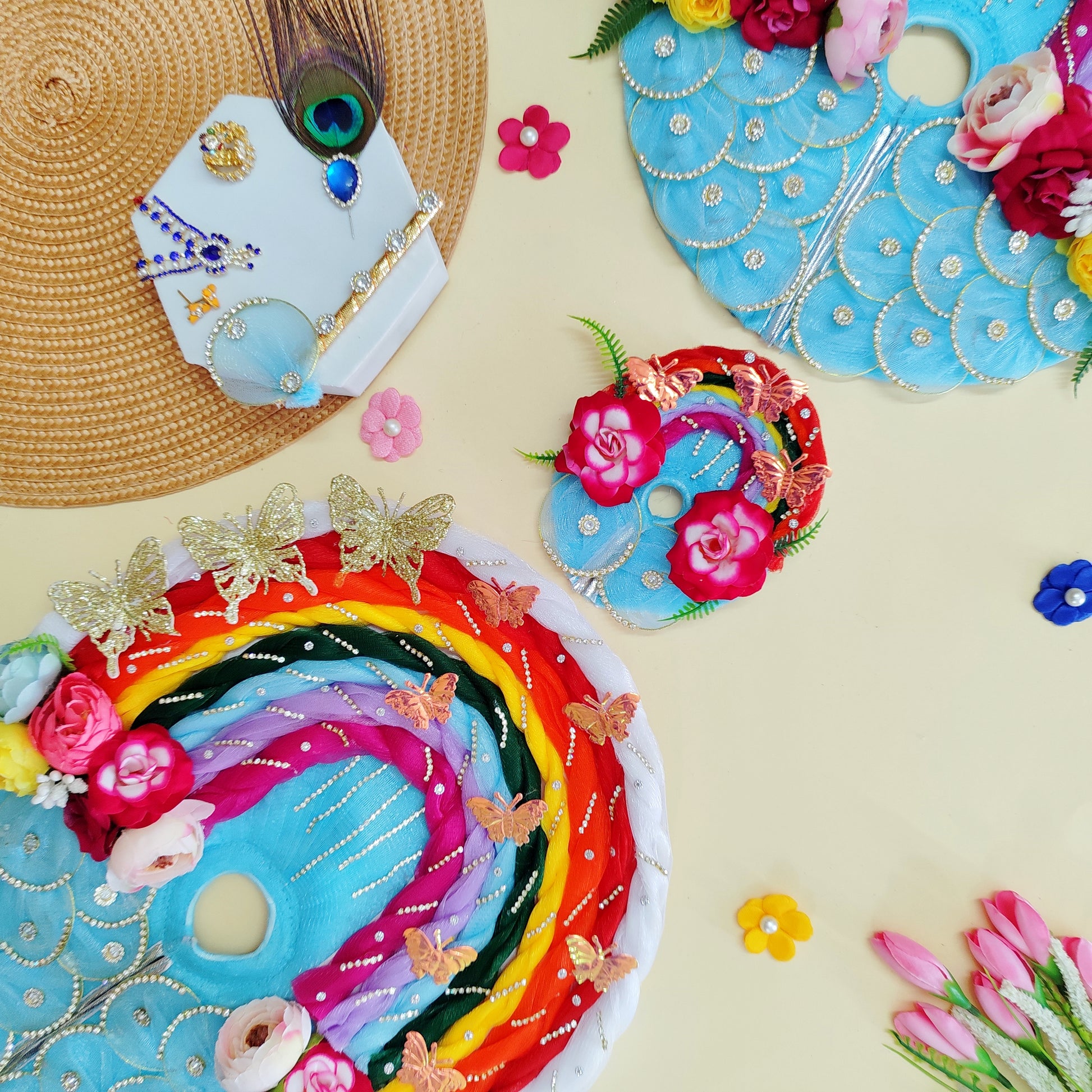 Colorful Laddu Gopal Dress with flowers, butterflies, and a rainbow design