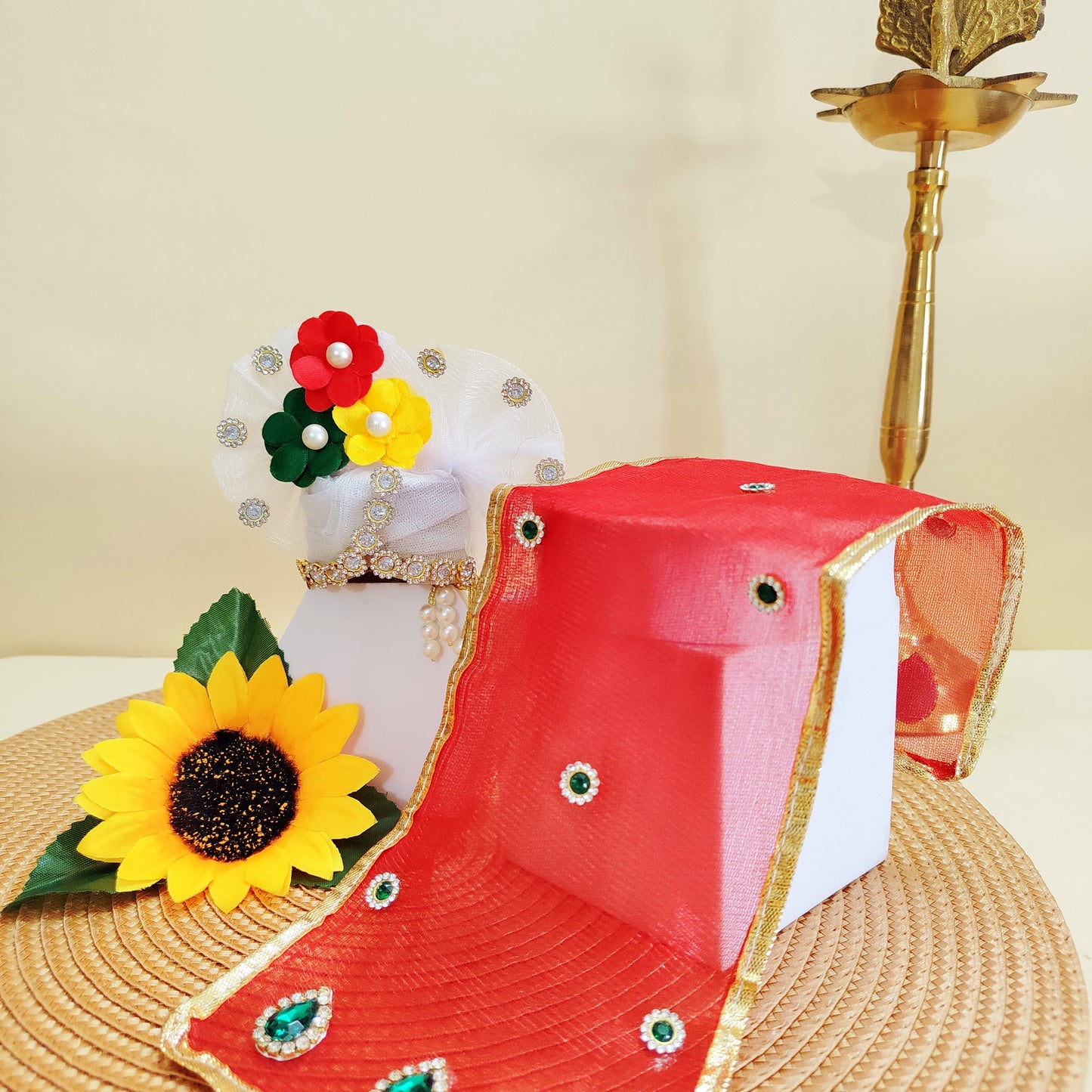 Laddu Gopal Multi Flower Dress with Mukut, Bansuri and a Surprise Gift