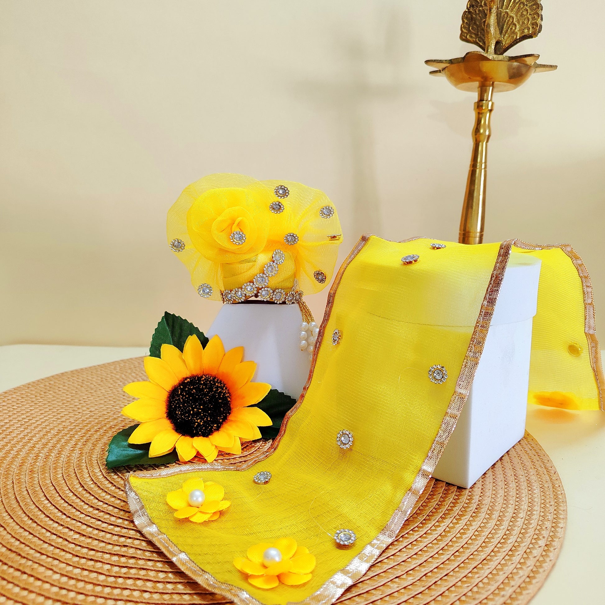 Handmade festive yellow dress for Laddu Gopal with accessories