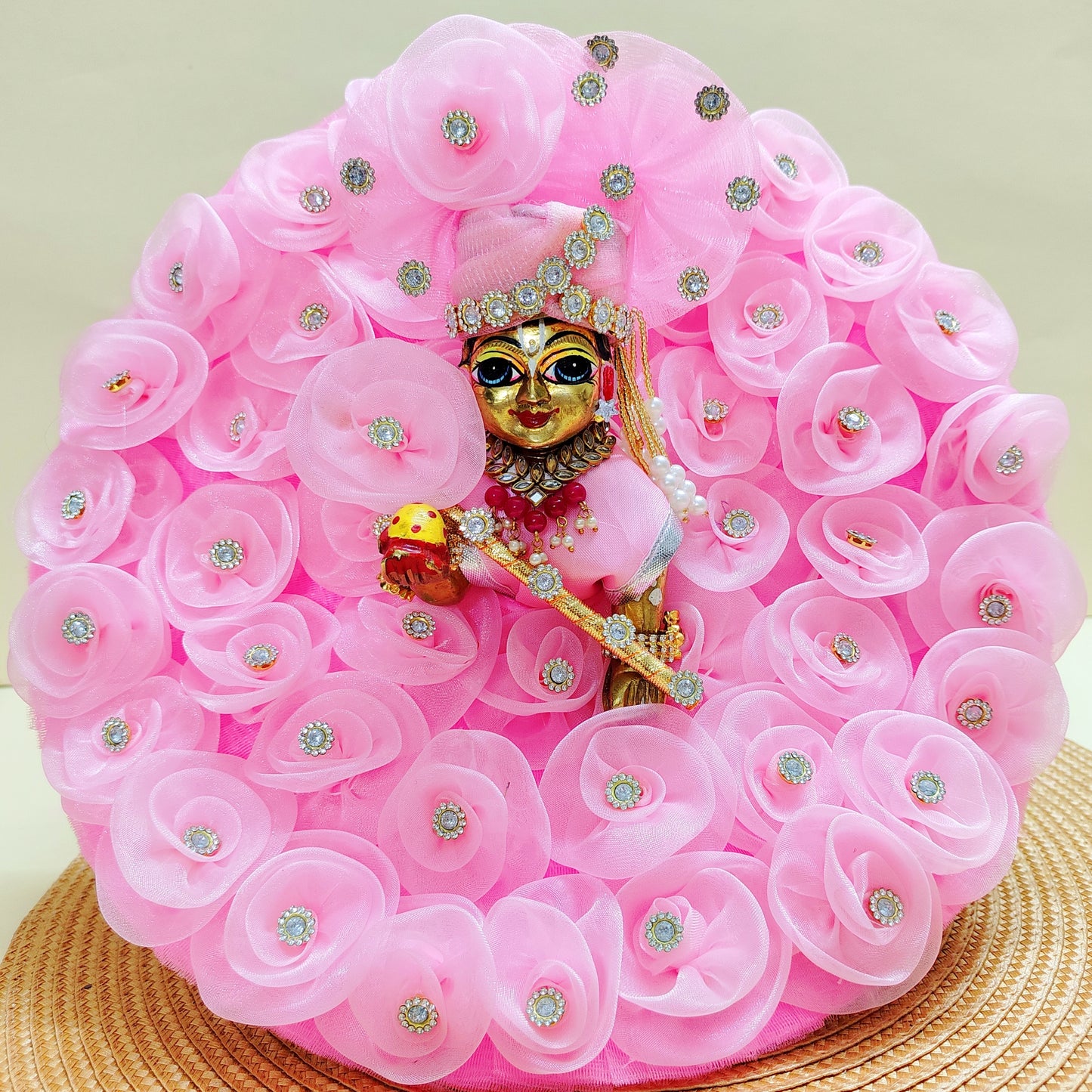 Pink rose flower Laddu Gopal dress with matching mukut