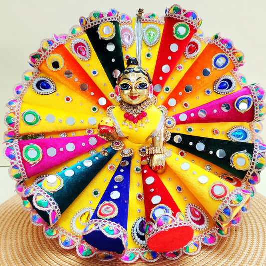 Holi Special Laddu Gopal Heavy 3D Cone Dress with Multicolor Patches, Mirror Work with Mukut, Bansuri, Free Holi Platter Set, Surprise Gift & Full Shringar Set