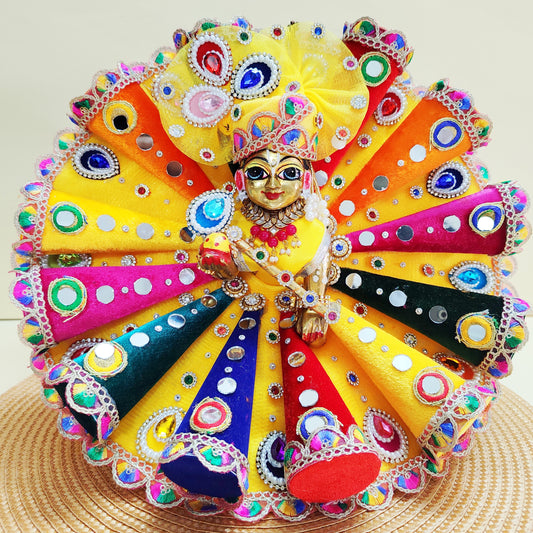 Holi Special Laddu Gopal Heavy 3D Cone Dress with Multicolor Patches, Mirror Work with Mukut, Bansuri, Free Holi Platter Set, Surprise Gift & Full Shringar Set