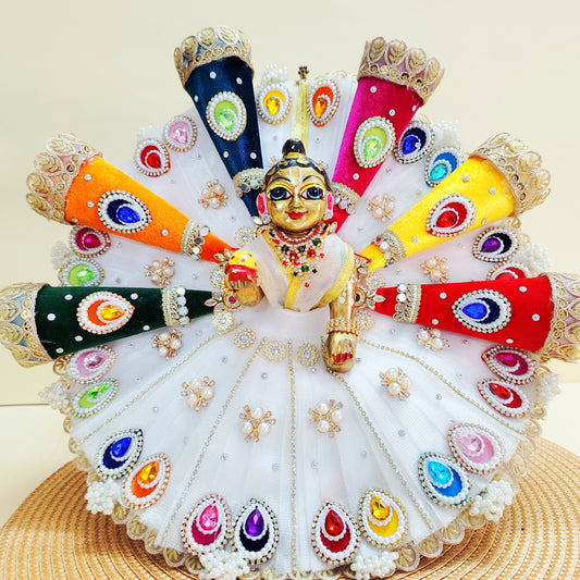 Holi Special Heavy 3D Cone Laddu Gopal Dress with Multicolor Patches, Mirror Work with Mukut, Bansuri, Free Holi Platter Set, Surprise Gift & Full Shringar Set