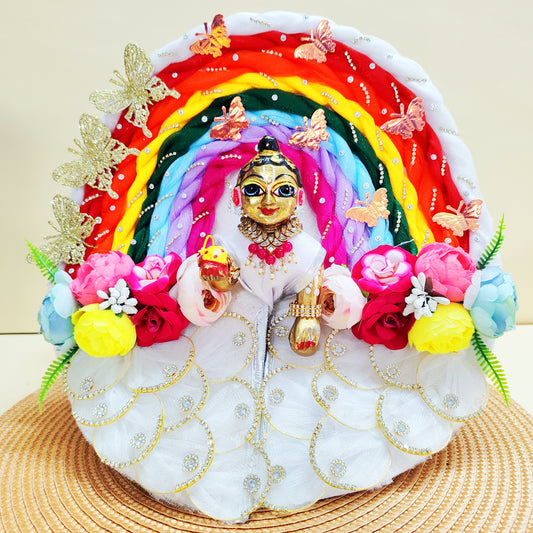 Holi Special Rainbow Laddu Gopal Dress with Floral & Butterfly Work with Mukut, Bansuri, Free Holi Platter Set, Surprise Gift & Full Shringar Set