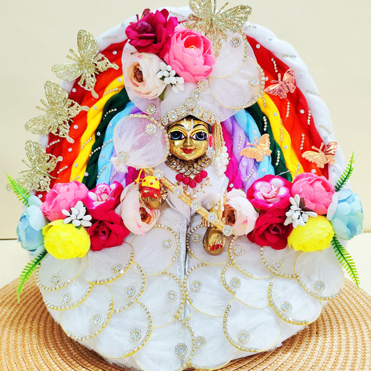 Holi Special Rainbow Laddu Gopal Dress with Floral & Butterfly Work with Mukut, Bansuri, Free Holi Platter Set, Surprise Gift & Full Shringar Set