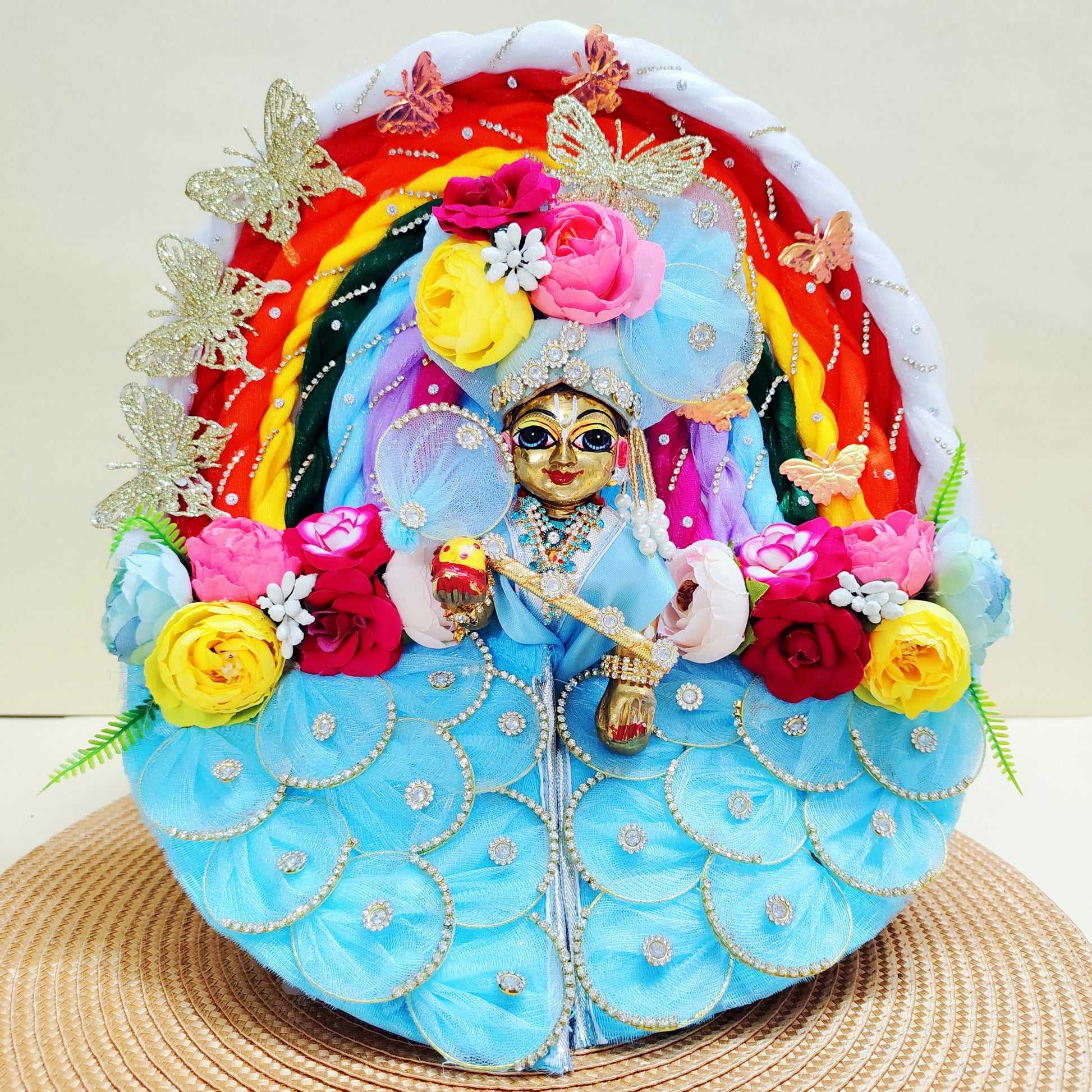 Laddu Gopal rainbow butterfly Poshak With Mukut and shringar set and crown.