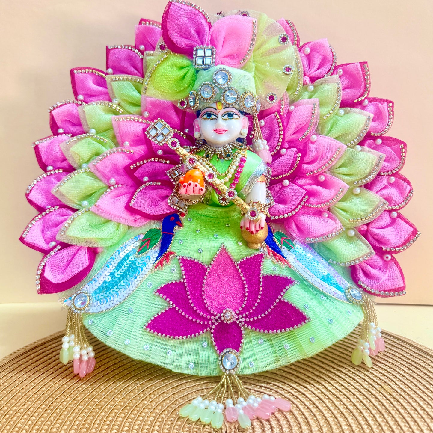 Designer Lotus Bal Gopal Poshak with Peacock Design with Pagdi, Bansuri and a Gift