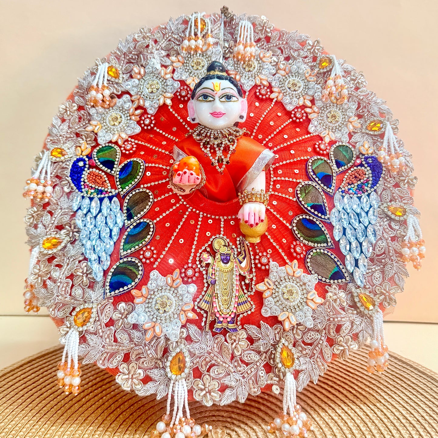 Designer Shrinath Laddu Gopal Peacock Dress with Mukut, Bansuri & Surprise Gift