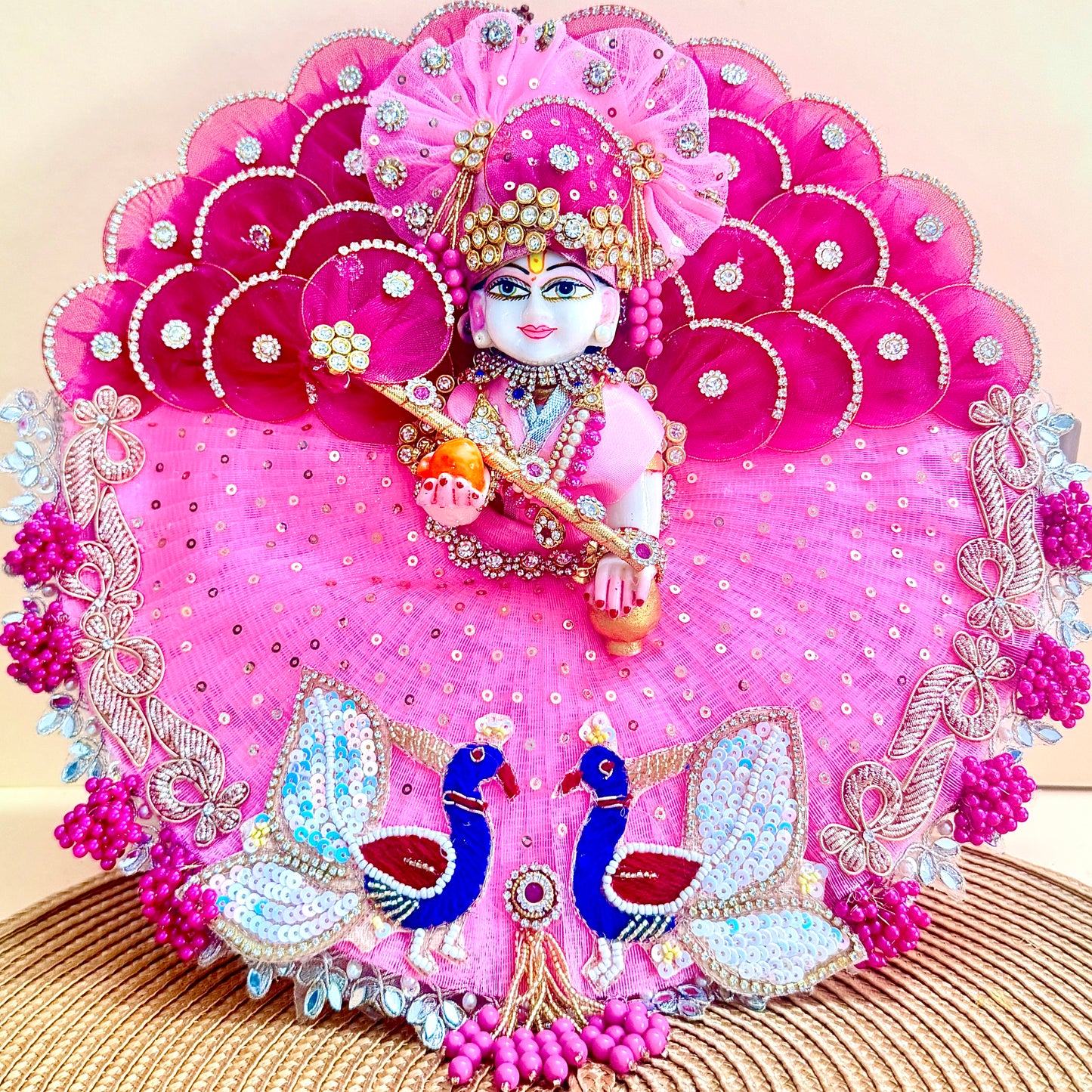 LED Light Laddu Gopal Designer Dress with Mukut, Bansuri & Surprise Gift