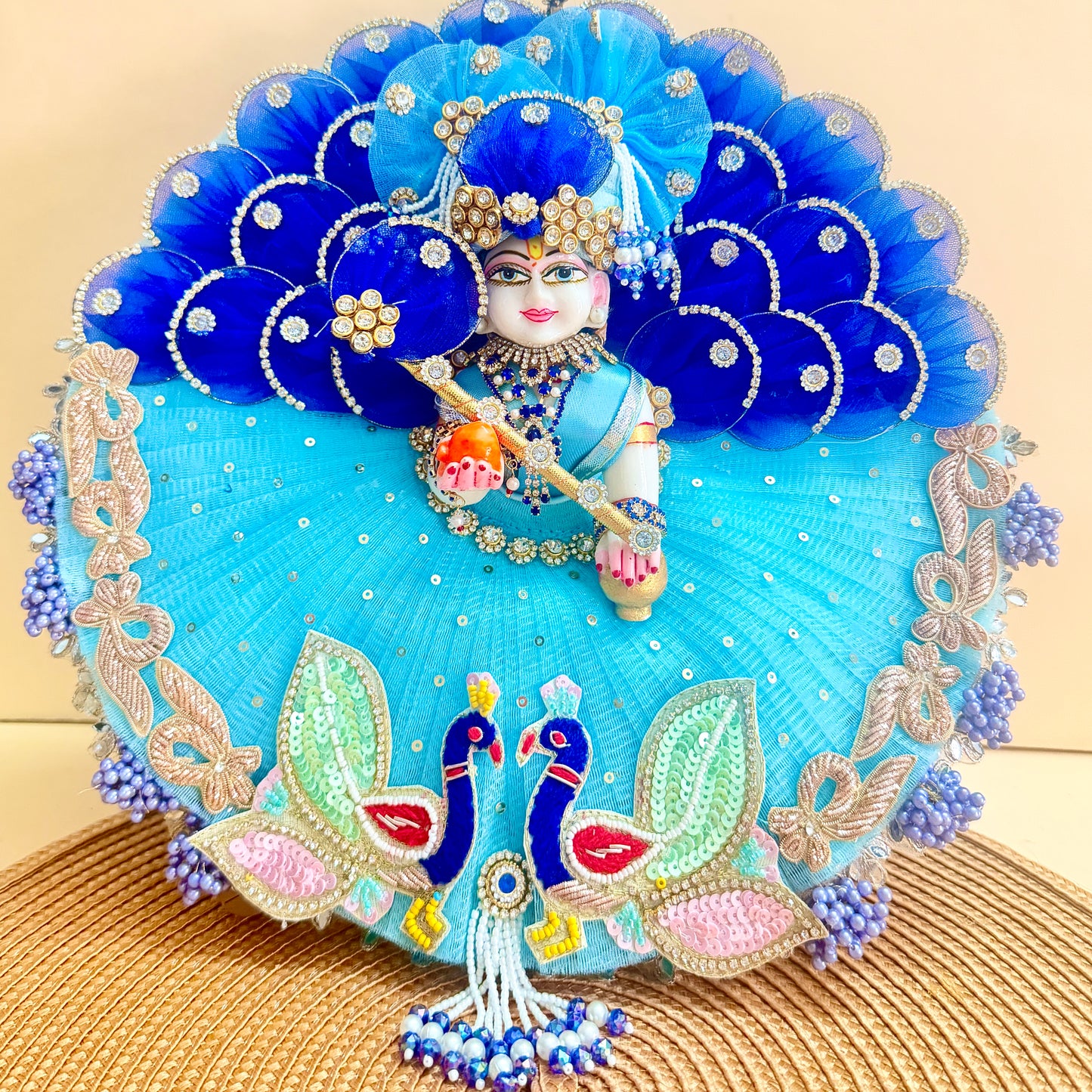 LED Light Laddu Gopal Designer Dress with Mukut, Bansuri & Surprise Gift