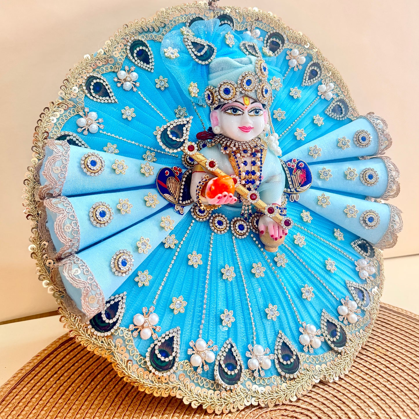 Sky Blue Peacock Kanha Ji Cone Dress with Mukut, Bansuri & Surprise Gift