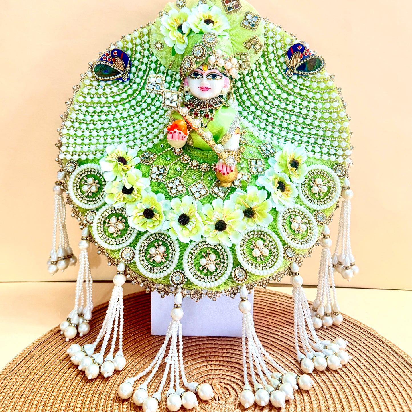Pearl Floral Laddu Gopal Dress with Heavy Latkan with Mukut, Bansuri and a Gift