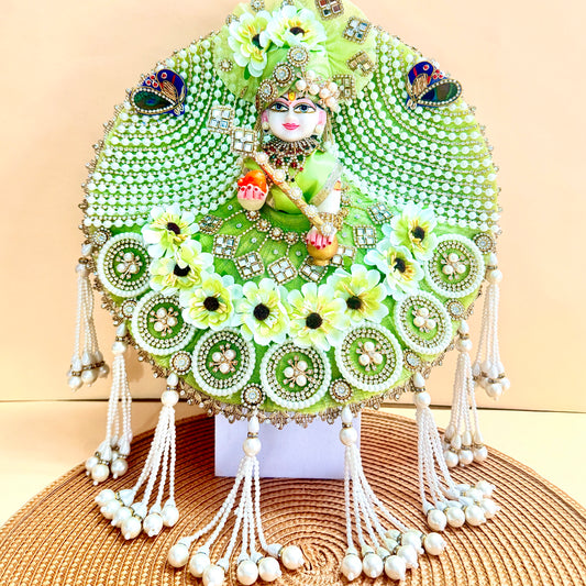 Pearl Floral Laddu Gopal Dress with Heavy Latkan with Mukut, Bansuri and a Gift