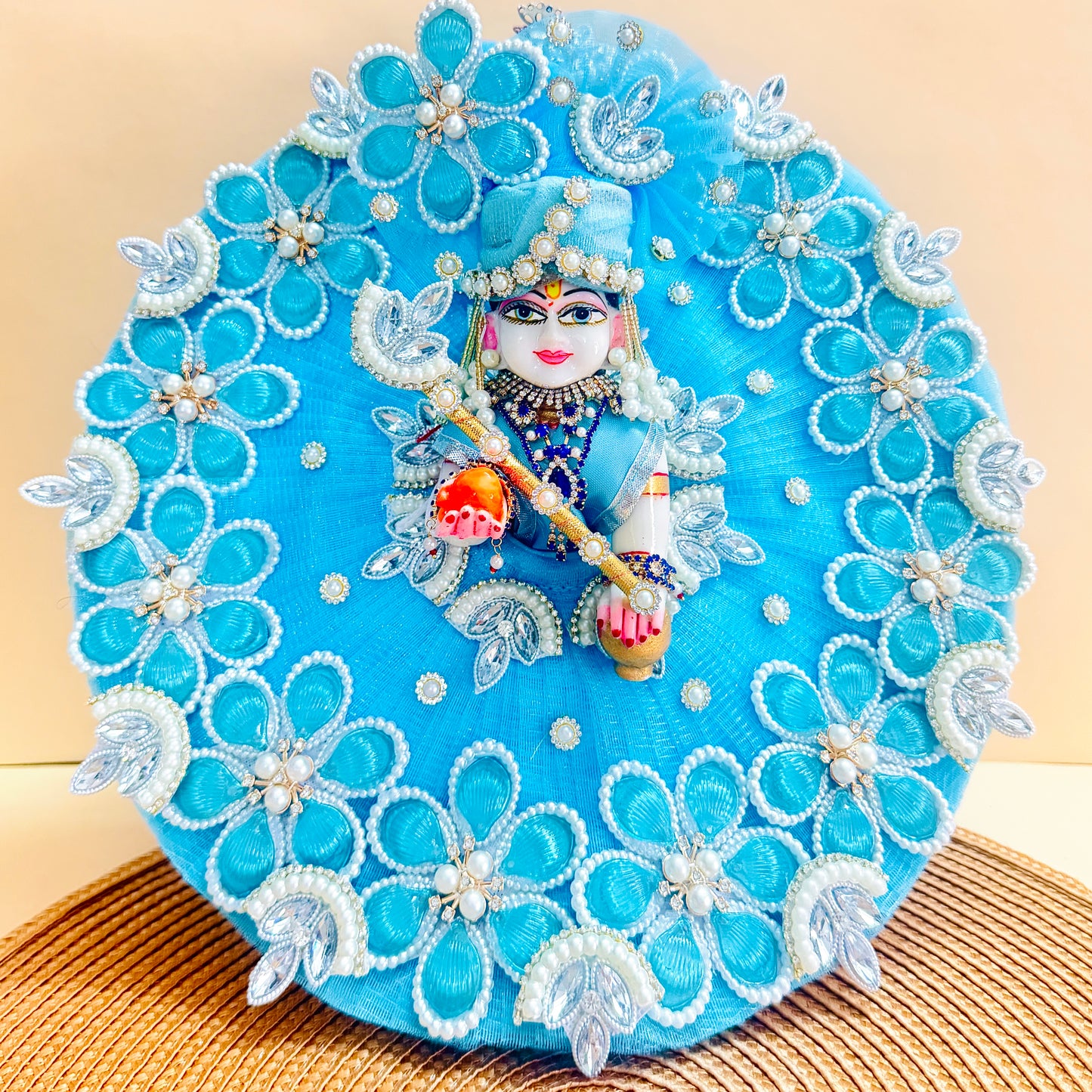 Sky Blue Floral Thakur ji Dress with Mukut, Bansuri & Surprise Gift