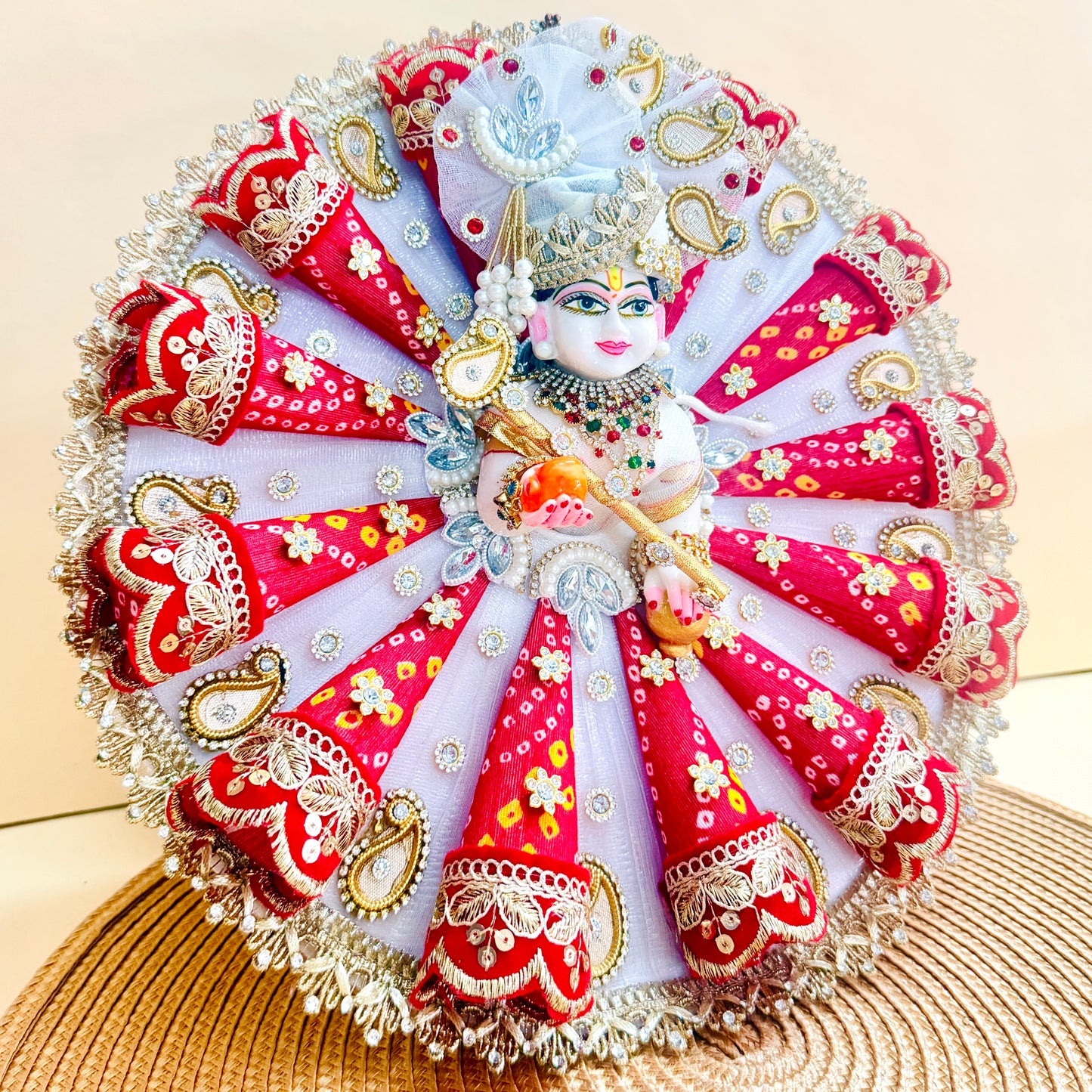 Red Bandhani Laddu Gopal Cone Dress with Mukut & Surprise Gift