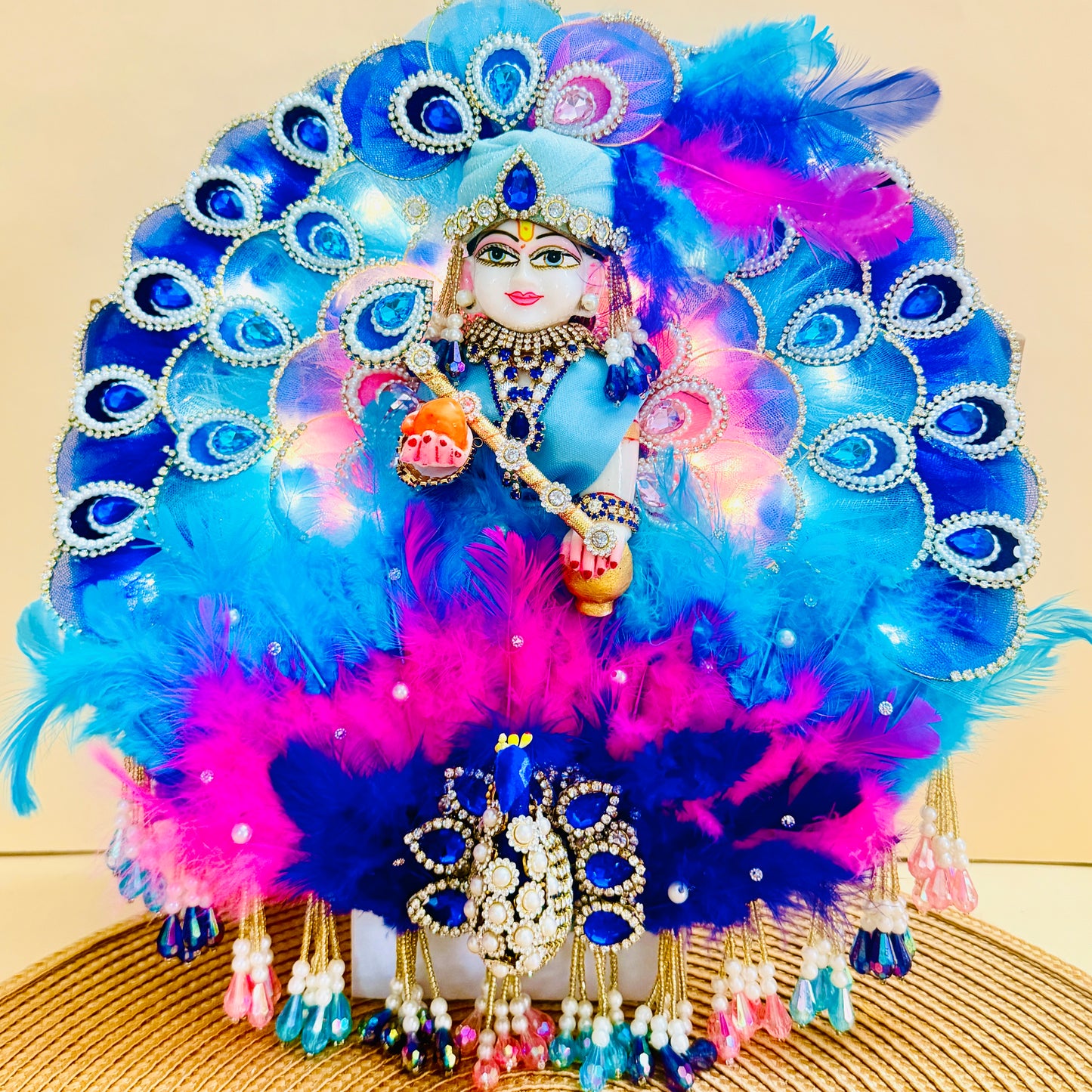 3D Peacock LED Light Laddu Gopal Dress with Mukut, Bansuri & Surprise Gift