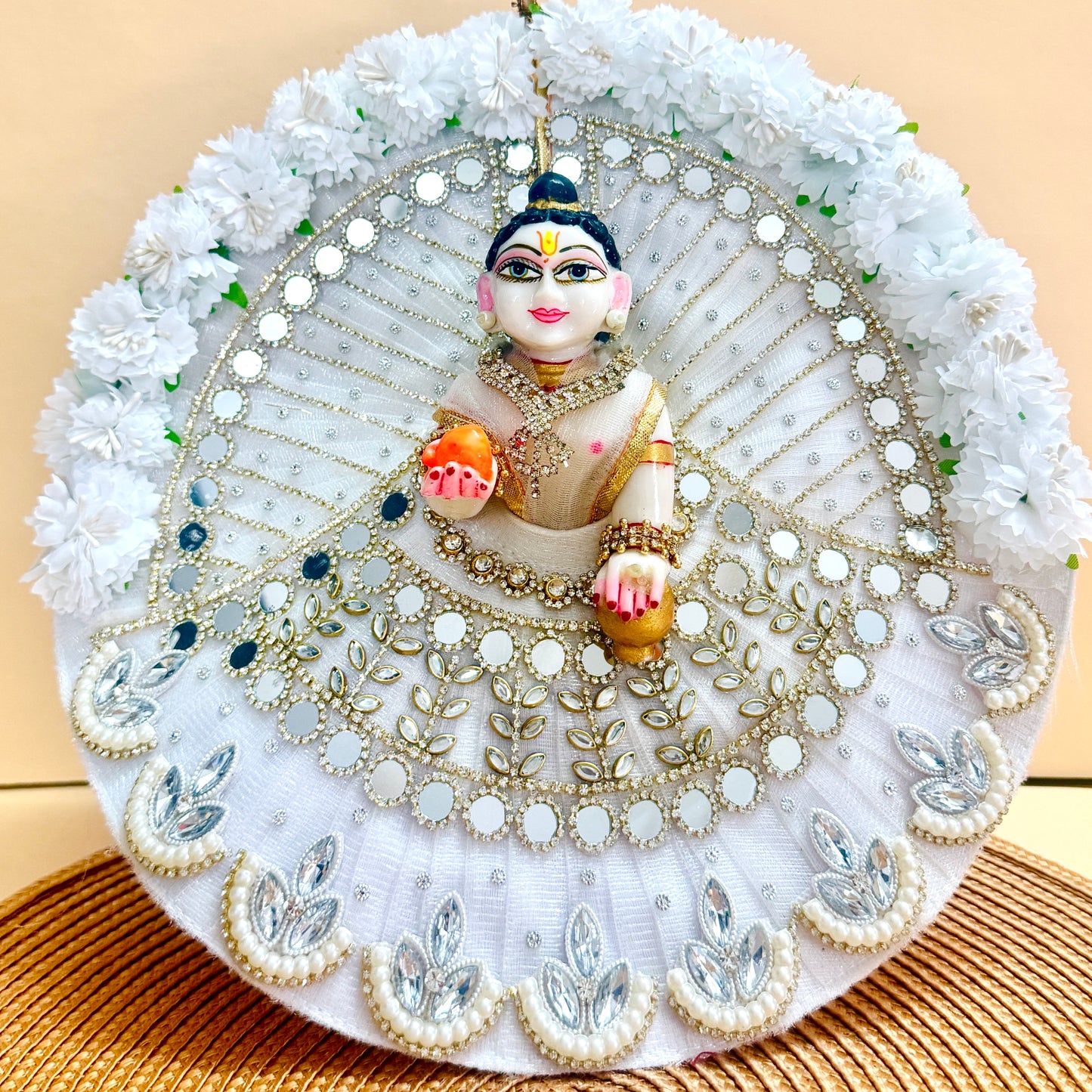 Bal Gopal Poshak with Mirror Work & Floral Border with Mukut, Bansuri & Gift