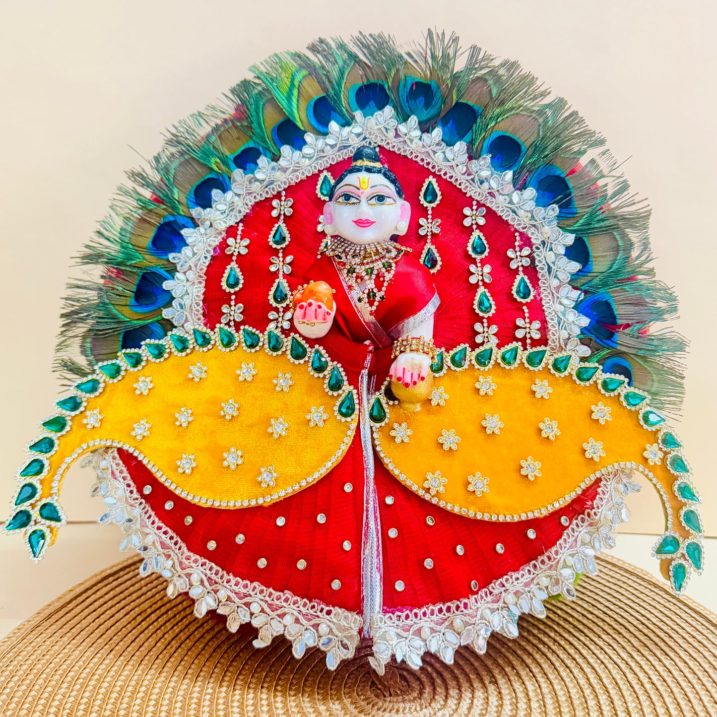 Designer Peacock Feather Bal Gopal Poshak with Mukut, Bansuri & a Gift