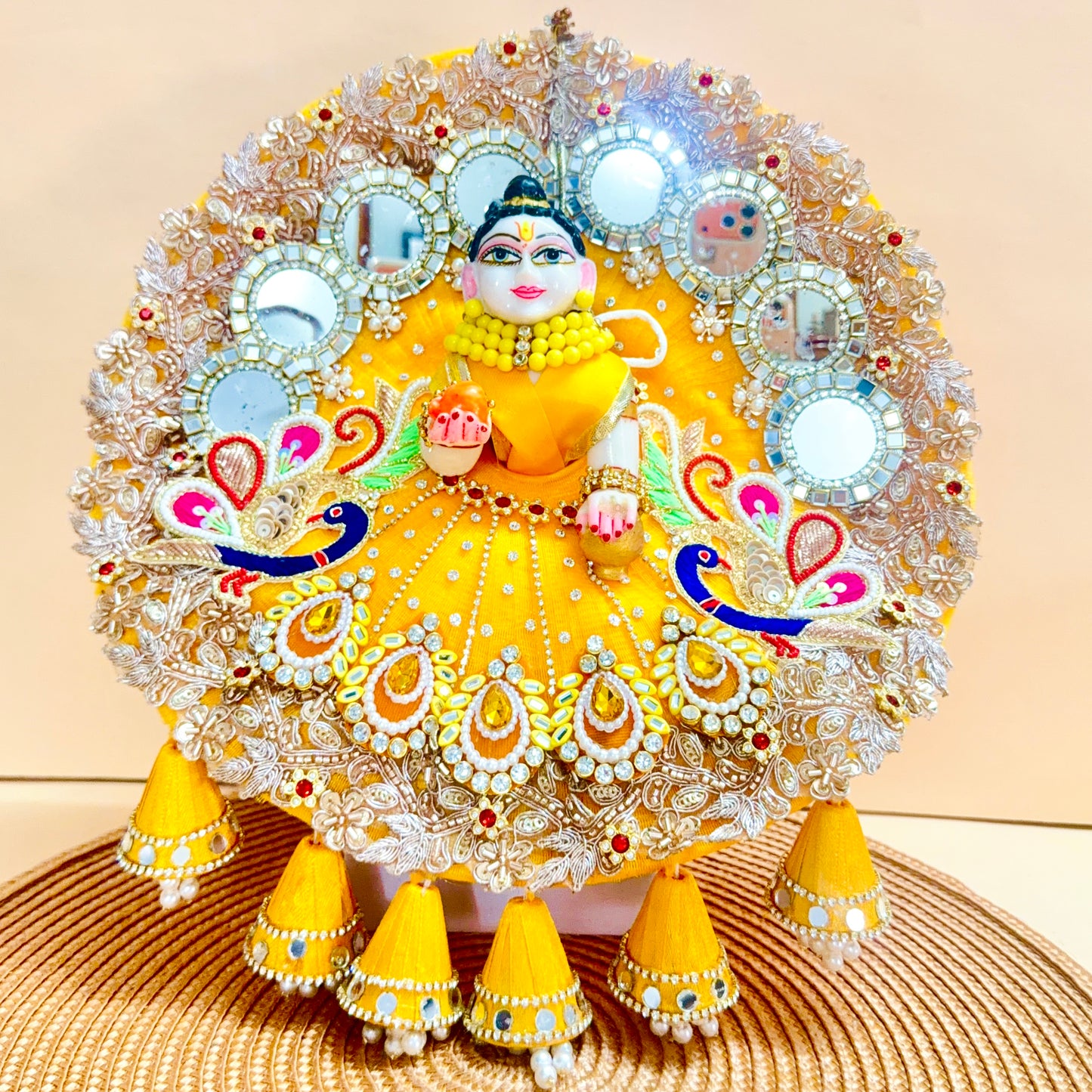 Bal Gopal Heavy Poshak with Peacock Embroidery & Mirror Work with Mukut, Bansuri & Gift