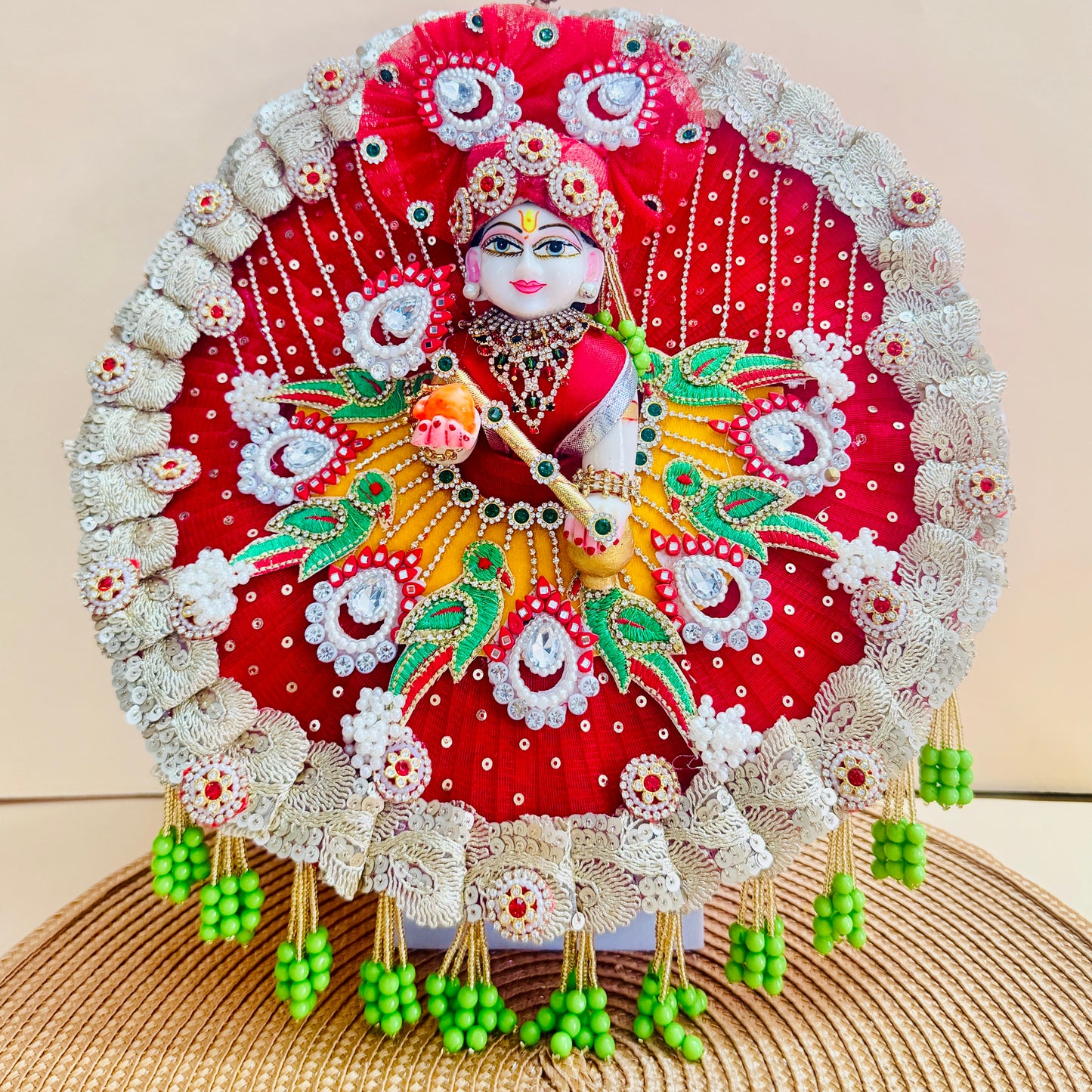 Little Krishna Poshak with Parrot Embroidery & Pearl Lace with Mukut, Bansuri & Gift