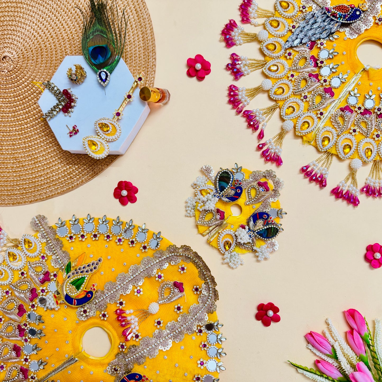 Yellow Peacock Laddu Gopal Heavy Dress with Mukut, Bansuri & Surprise Gift