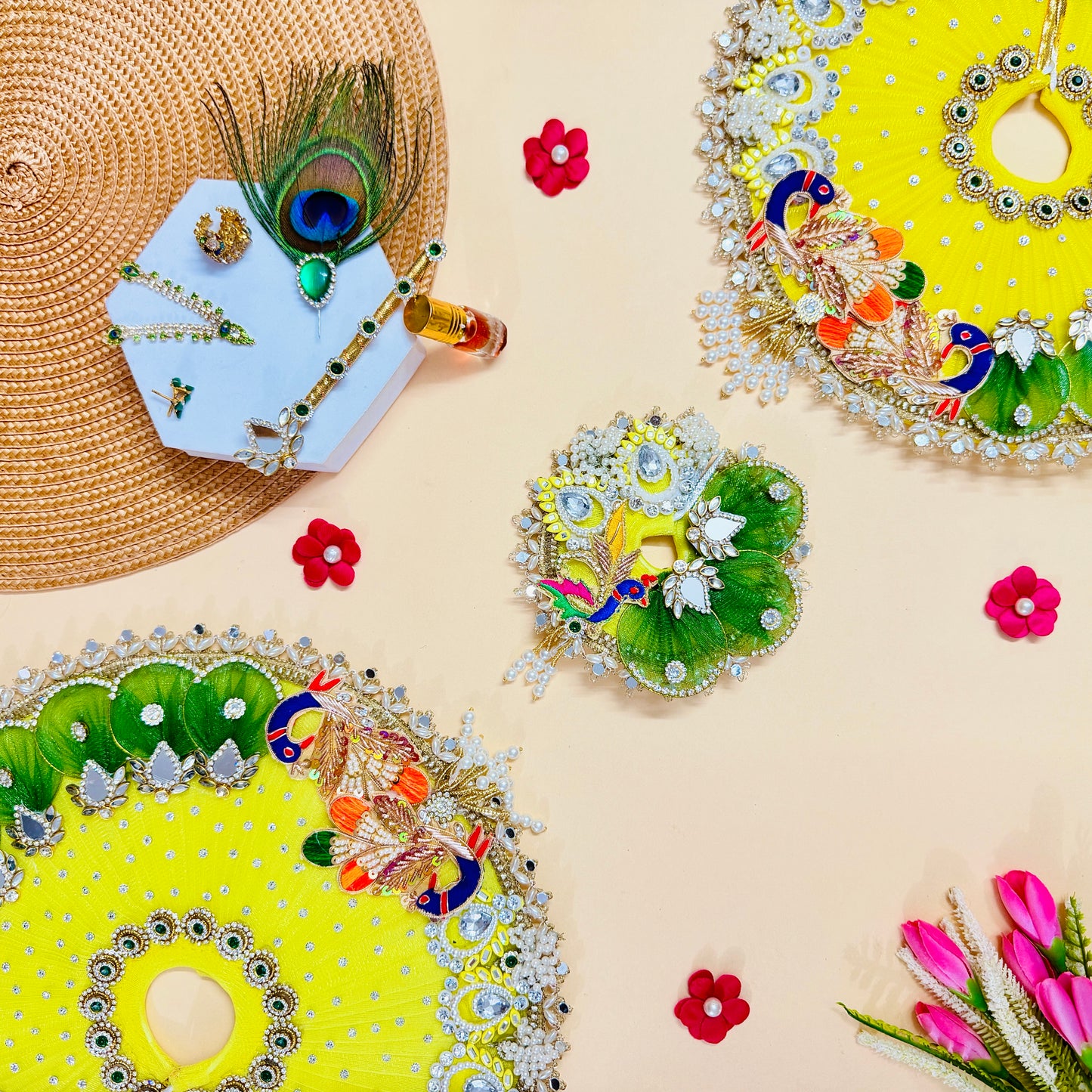 Designer Yellow Peacock Kanha ji Dress with Mukut, Bansuri & Surprise Gift