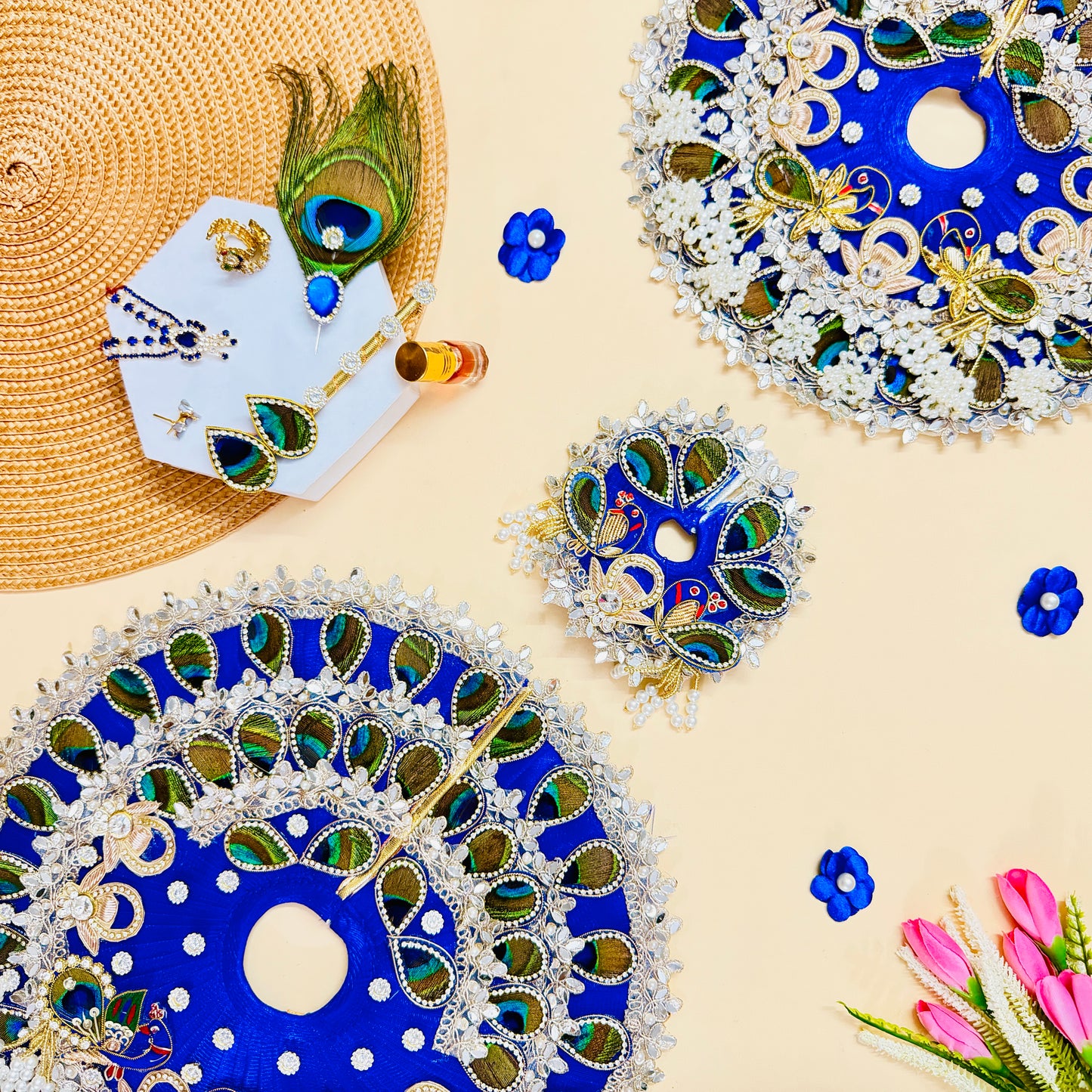 Royal Blue Peacock Feather Bal Gopal Poshak with Mukut, Bansuri & Surprise Gift
