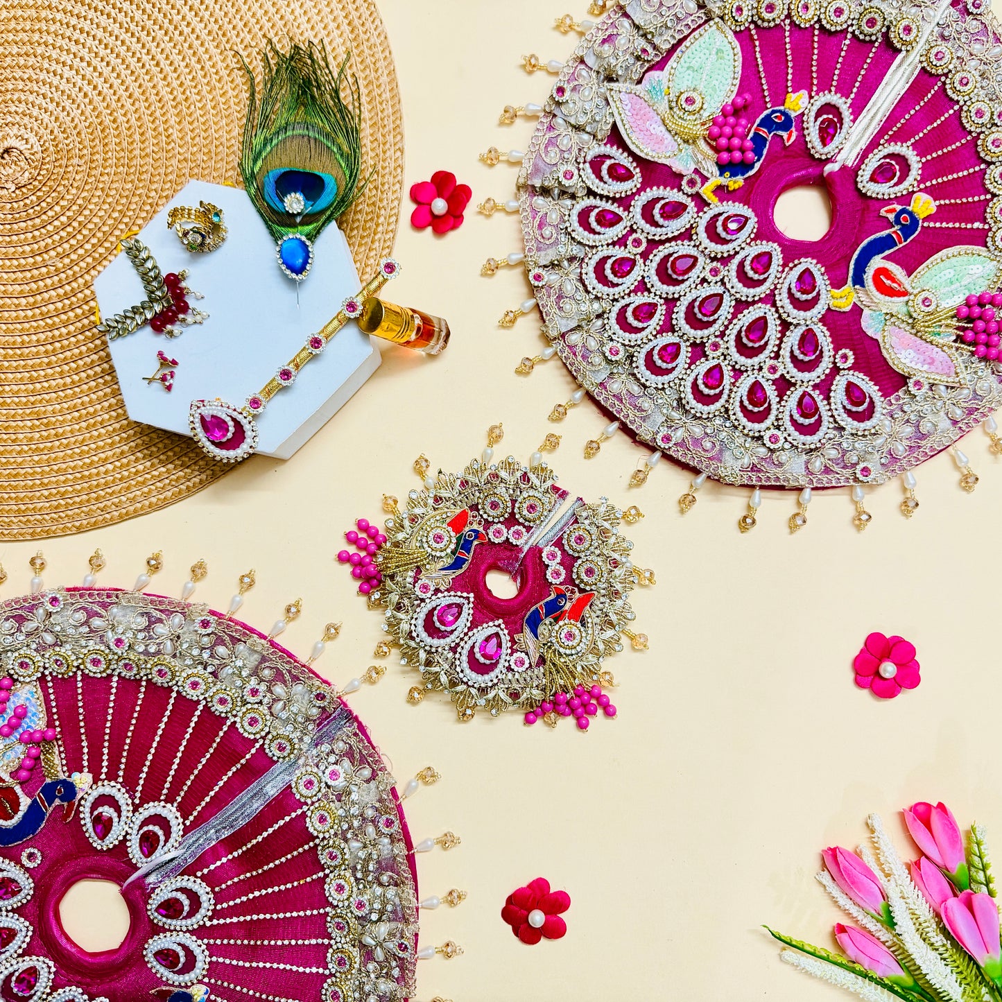 Handmade Pink Bal Gopal Poshak with Peacock Design with Mukut, Bansuri and a Gift