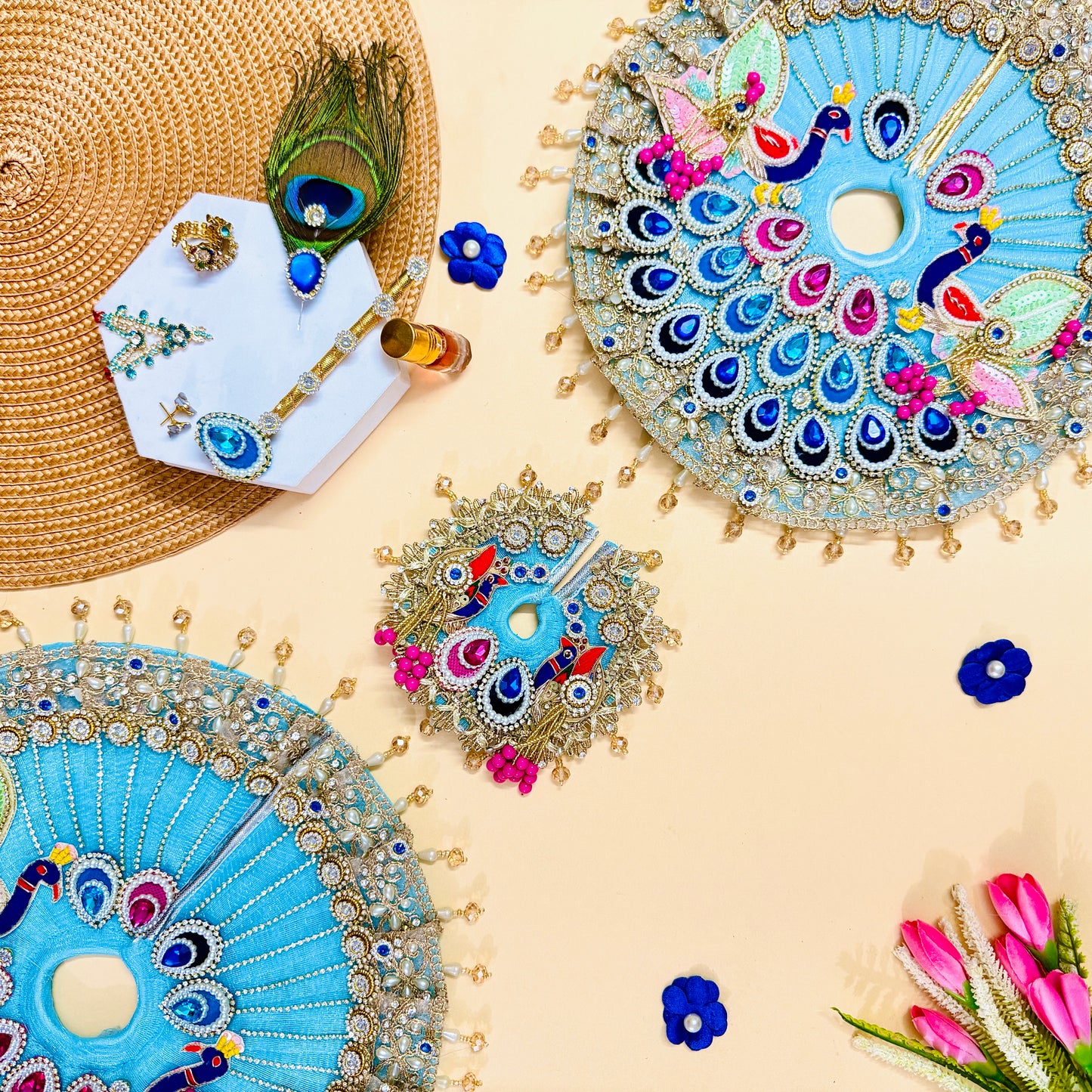 Handmade Blue Laddu Gopal Dress with Peacock Design with Mukut, Bansuri and a Gift