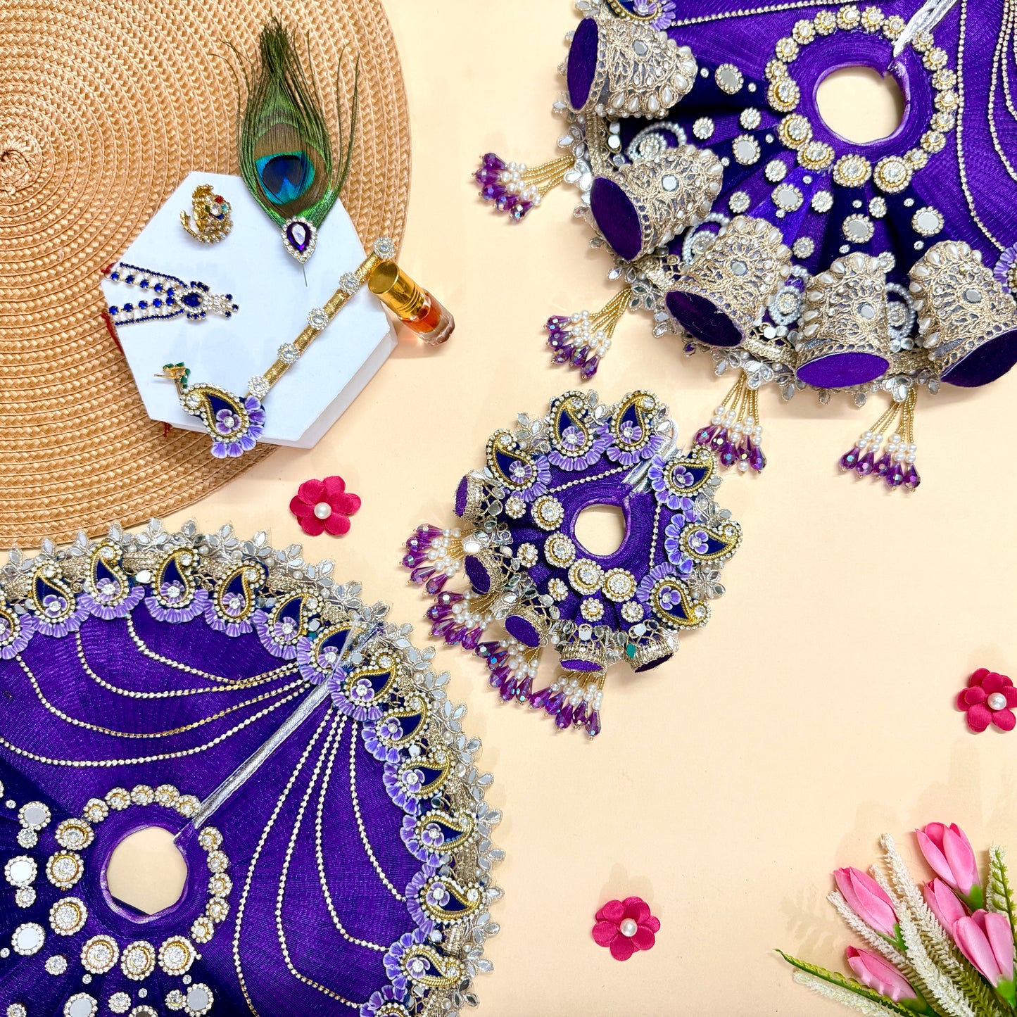 Royal Purple Laddu Gopal Cone Dress with Mukut, Bansuri & Surprise Gift