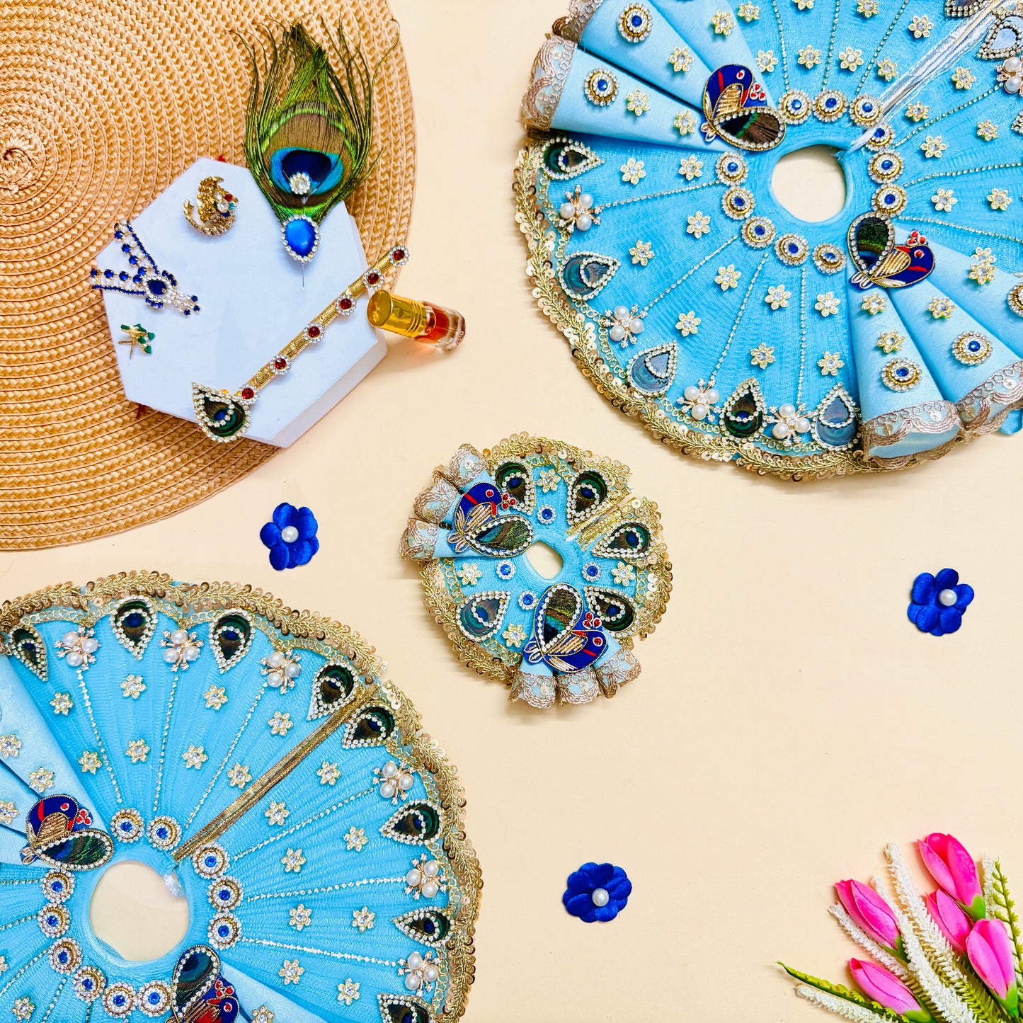 Sky Blue Peacock Kanha Ji Cone Dress with Mukut, Bansuri & Surprise Gift