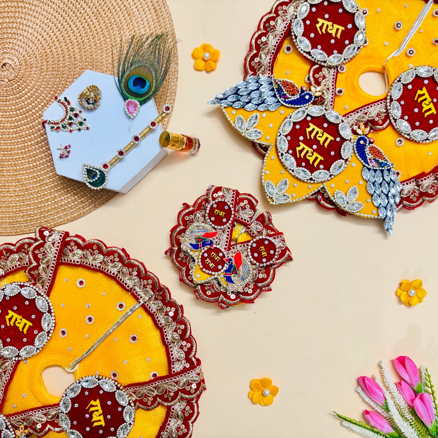 Two in One Radha Mala Laddu Gopal Dress with Pagdi, Bansuri and a Gift
