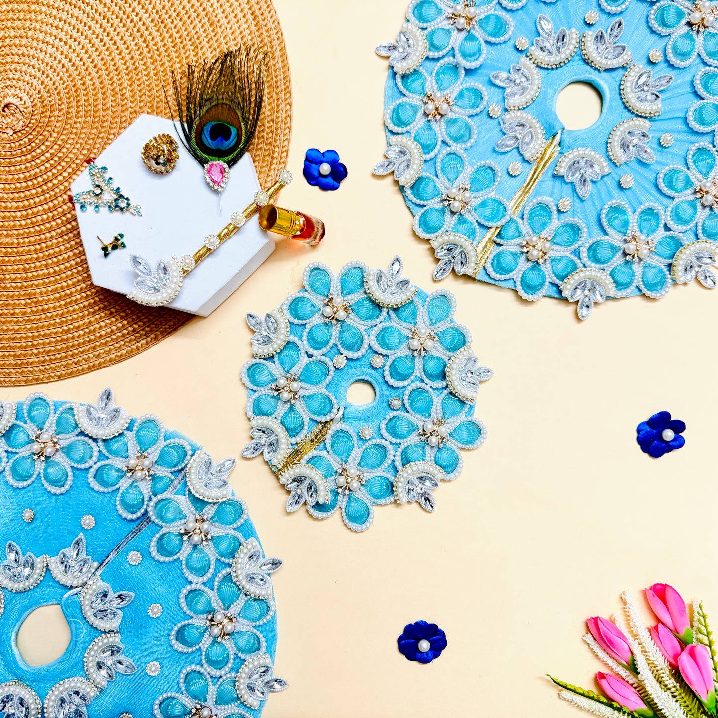 Sky Blue Floral Thakur ji Dress with Mukut, Bansuri & Surprise Gift