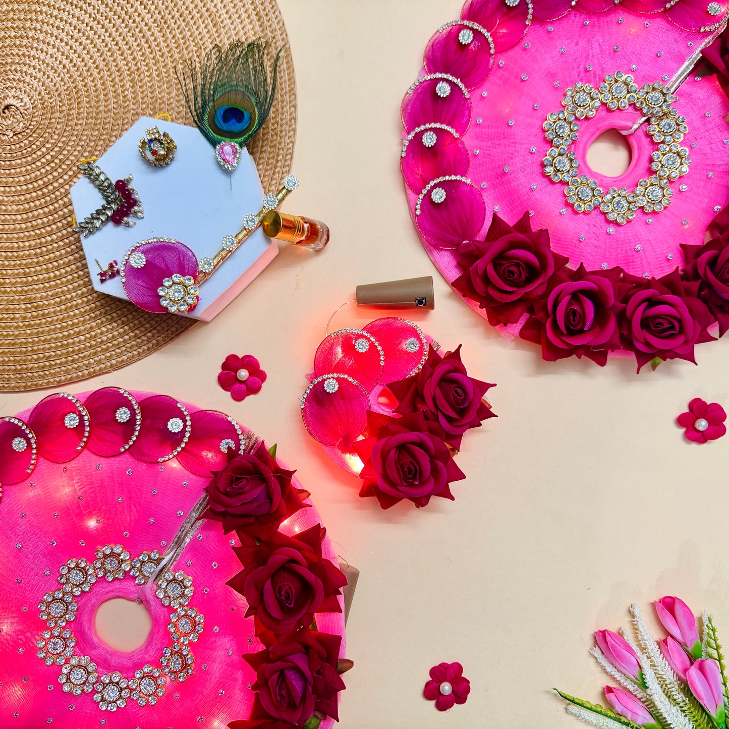 LED Light Rose Gopal Dress with Mukut, Bansuri and Surprise Gift