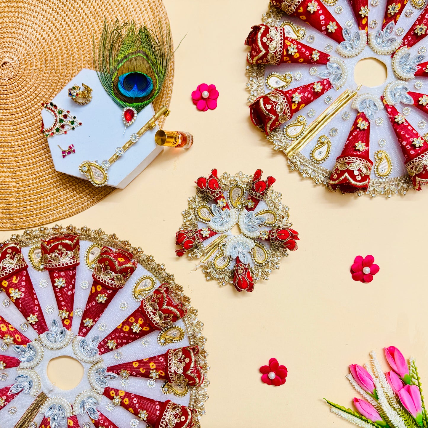 Red Bandhani Laddu Gopal Cone Dress with Mukut & Surprise Gift