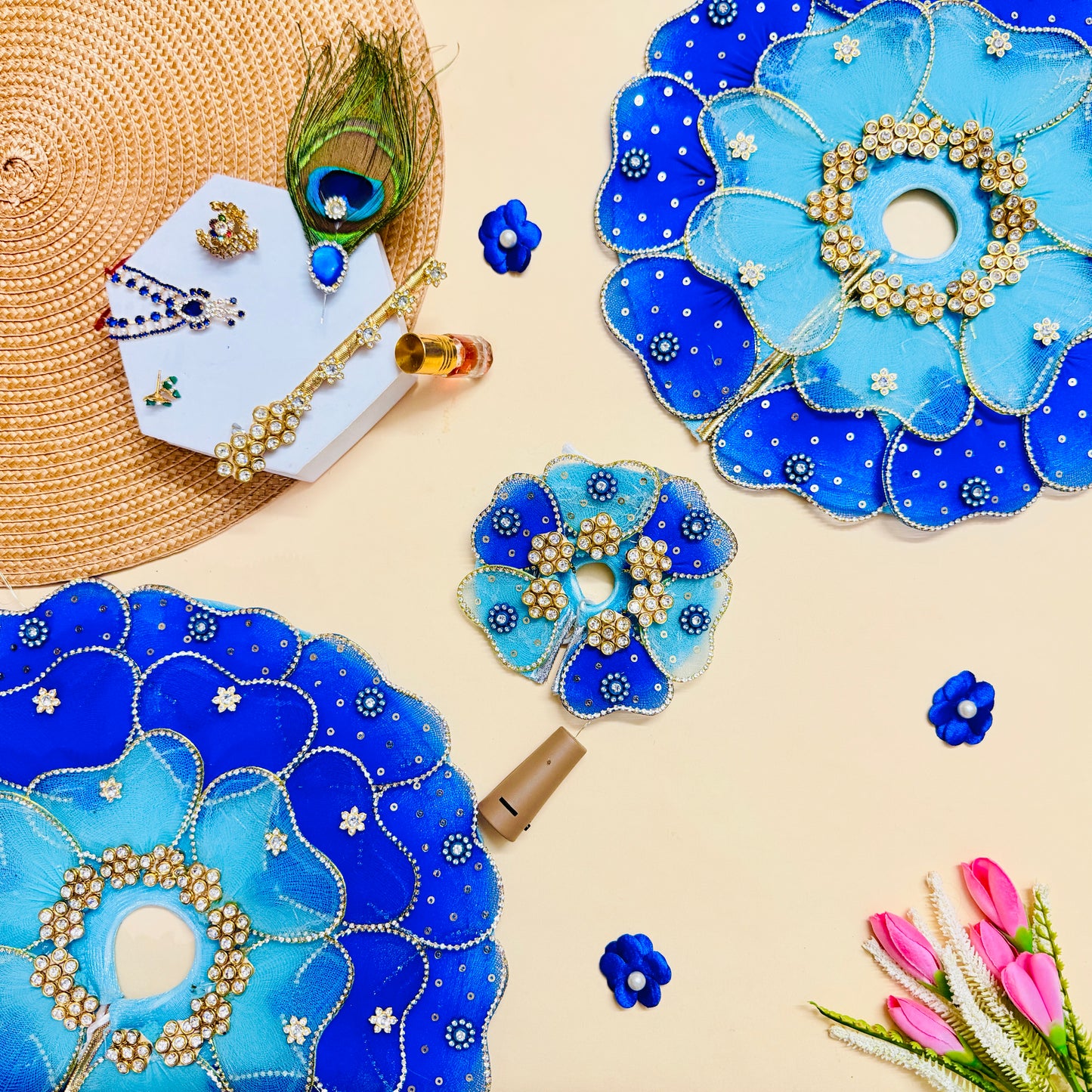LED Light Blue Heart Petal Laddu Gopal Dress with Mukut & Surprise Gift