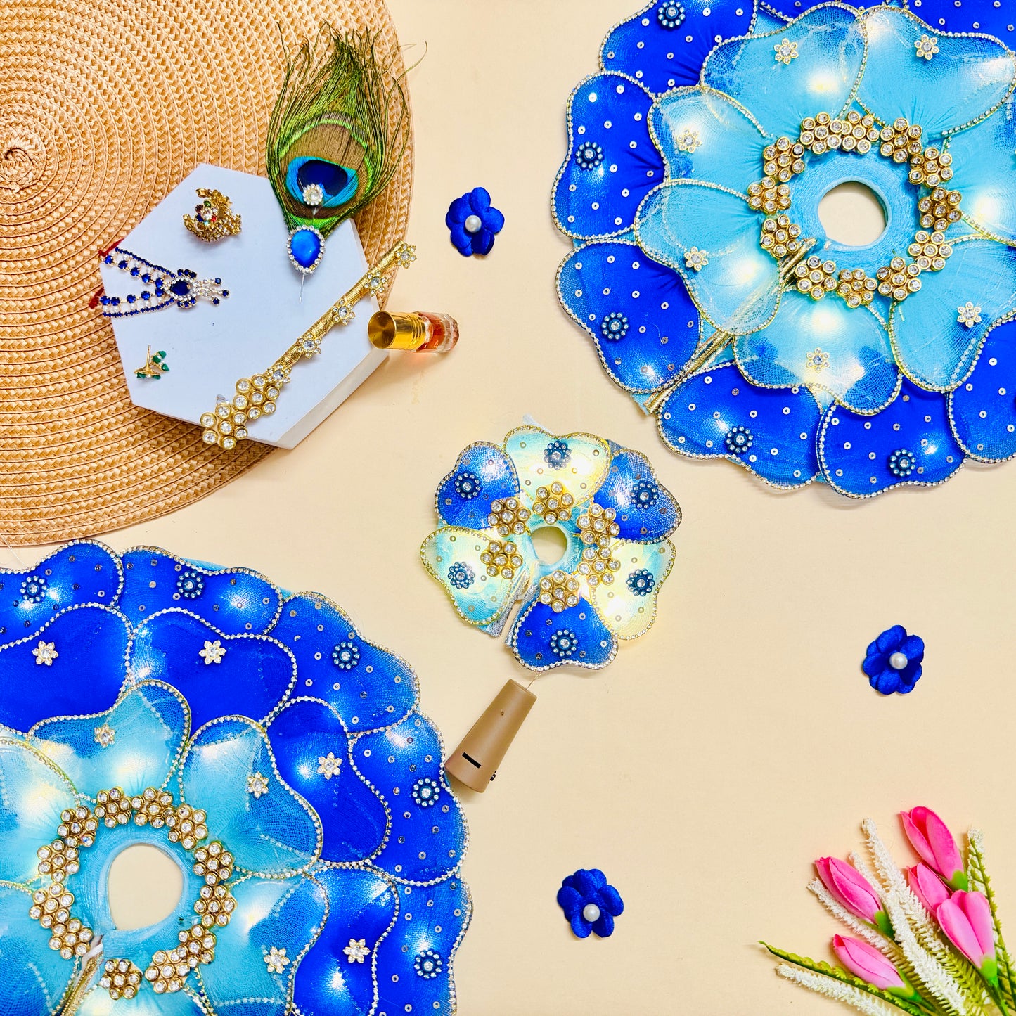 LED Light Blue Heart Petal Laddu Gopal Dress with Mukut & Surprise Gift