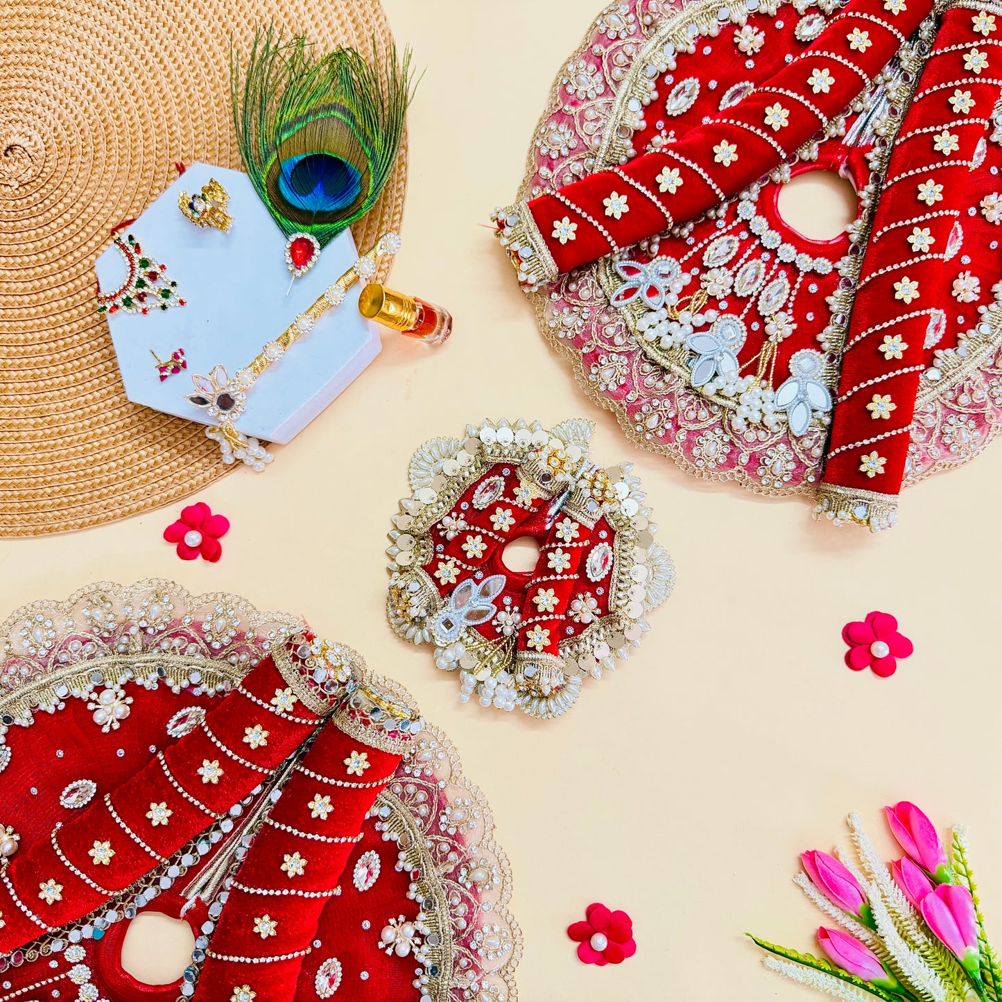 Royal Red Thakur Ji Dress with Mukut, Bansuri & Surprise Gift