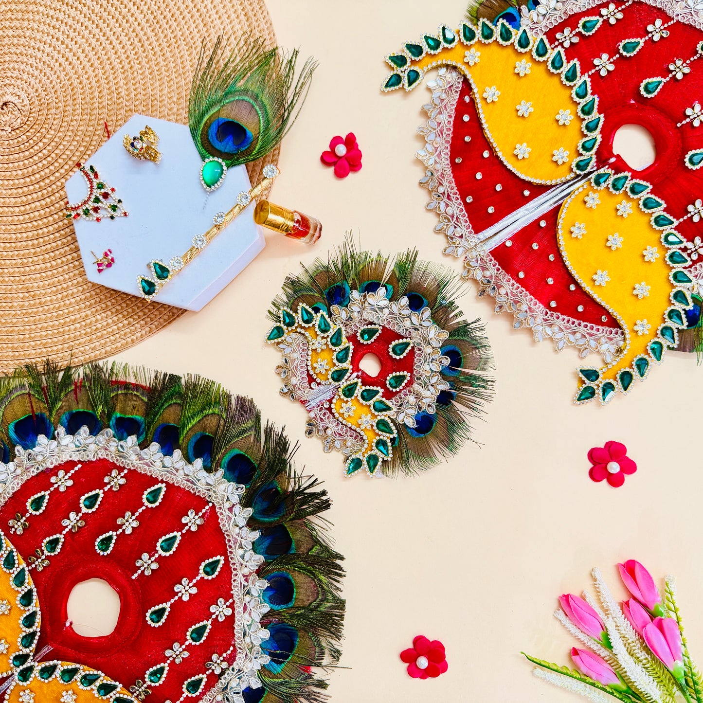 Designer Peacock Feather Bal Gopal Poshak with Mukut, Bansuri & a Gift