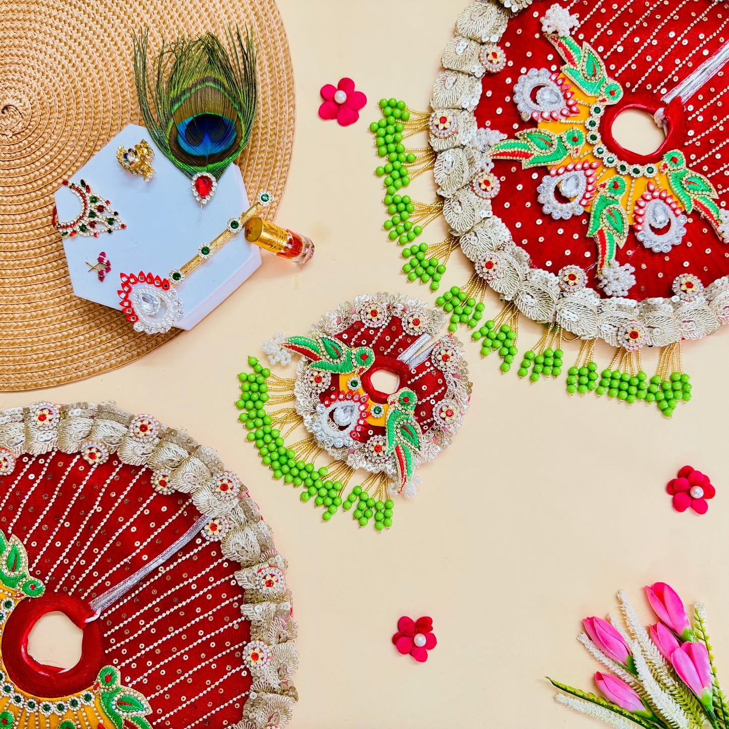 Little Krishna Poshak with Parrot Embroidery & Pearl Lace with Mukut, Bansuri & Gift