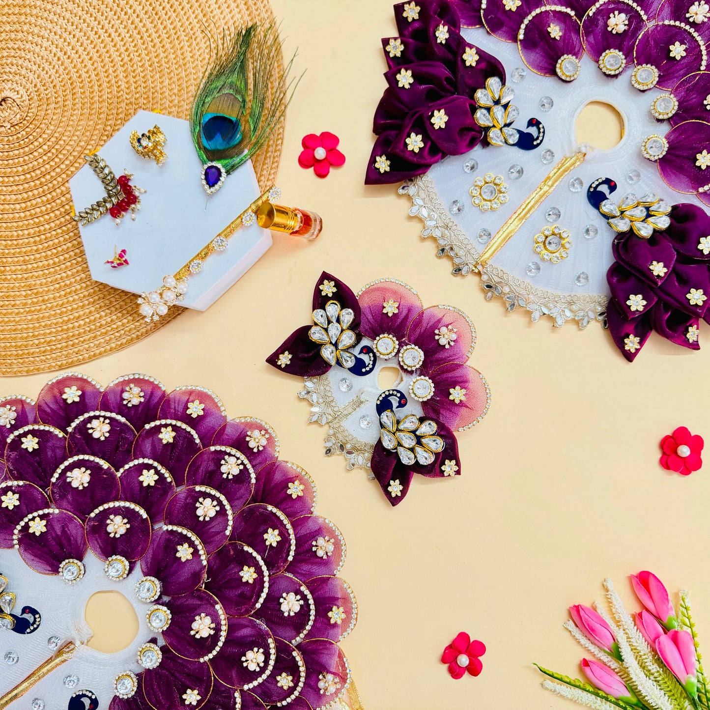 Designer Bal Gopal Purple Floral Poshak with with Mukut, Bansuri and a Surprise Gift