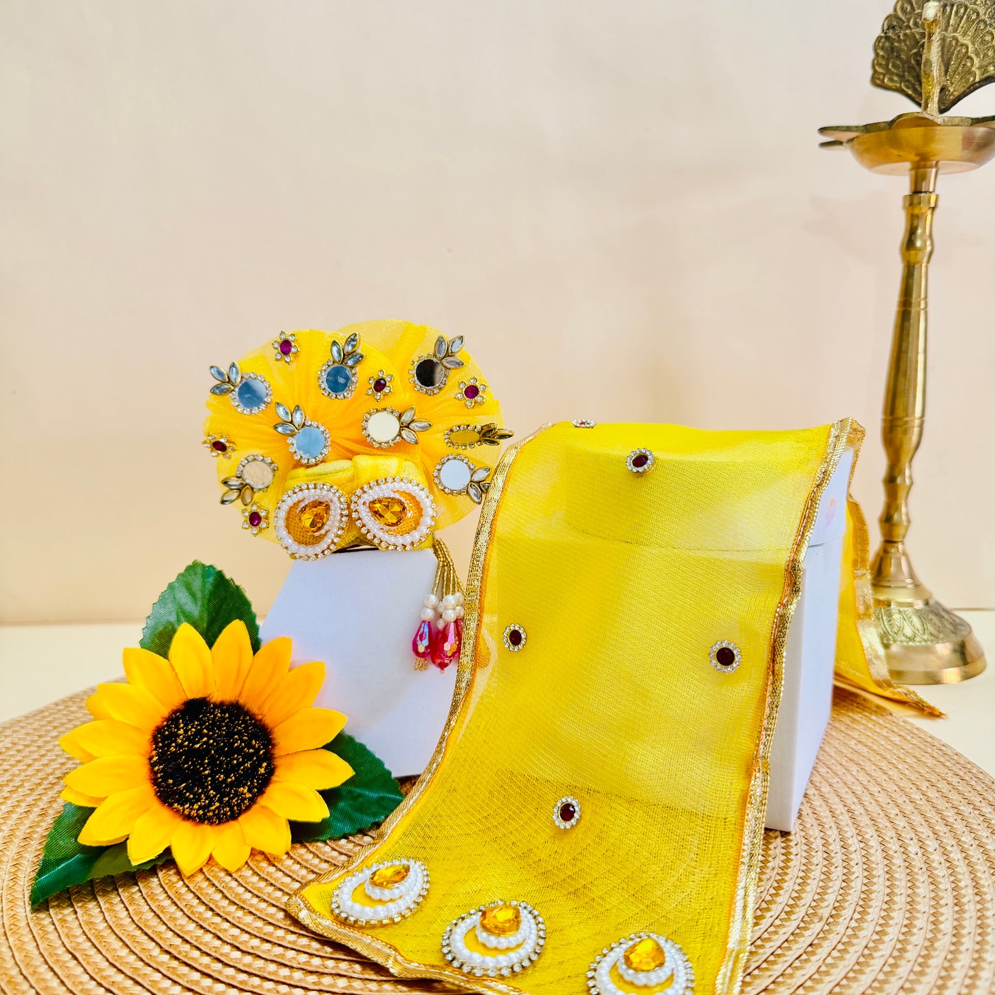 Yellow Peacock Laddu Gopal Heavy Dress with Mukut, Bansuri & Surprise Gift