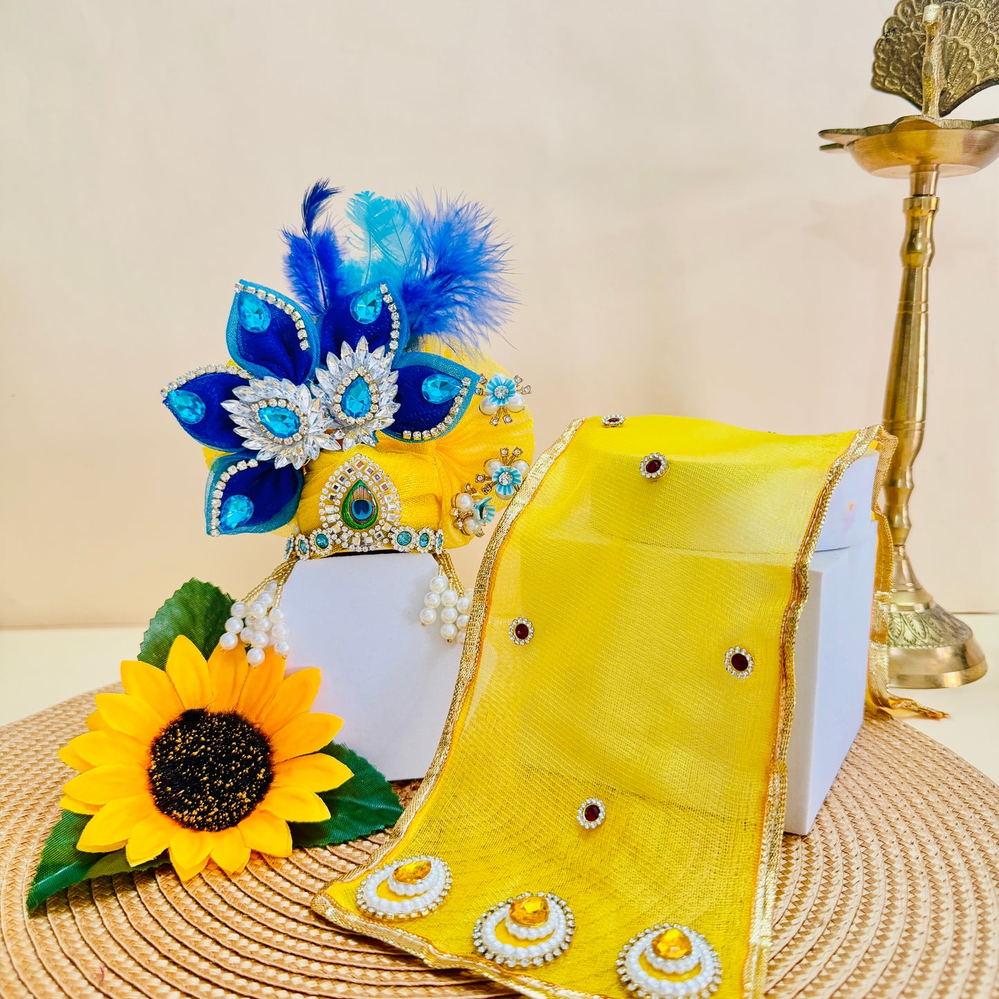 Royal Yellow Laddu Gopal Peacock Heavy Dress with Mukut & Surprise Gift