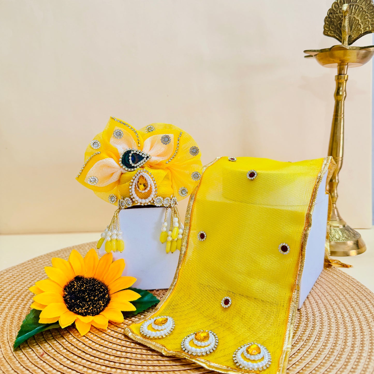 Kanhaji Heavy Cone Poshak in Peacock Theme with Mukut, Bansuri and a Gift
