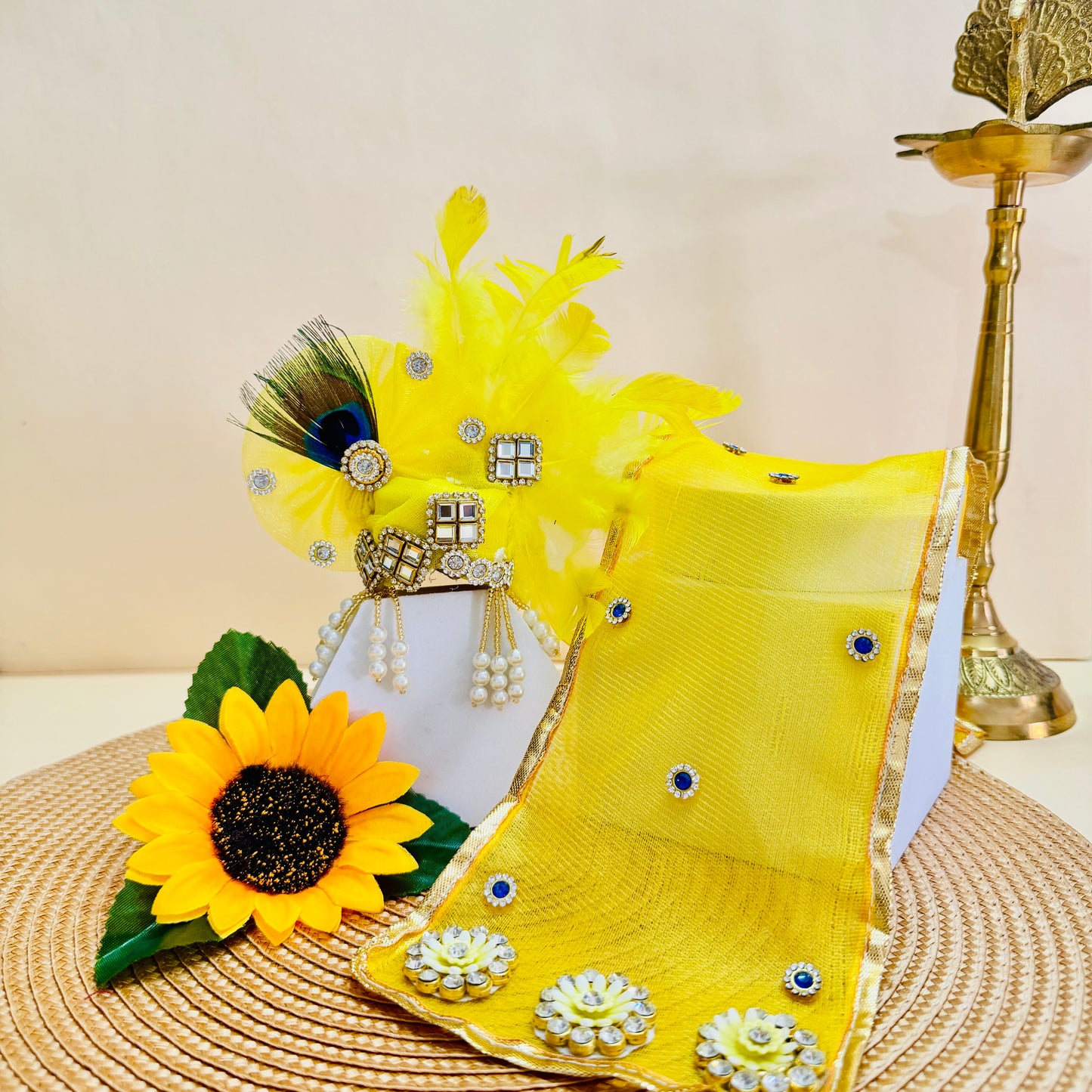 Peacock and Yellow Feathers Laddu Gopal Poshak with Mukut, Bansuri & Surprise Gift