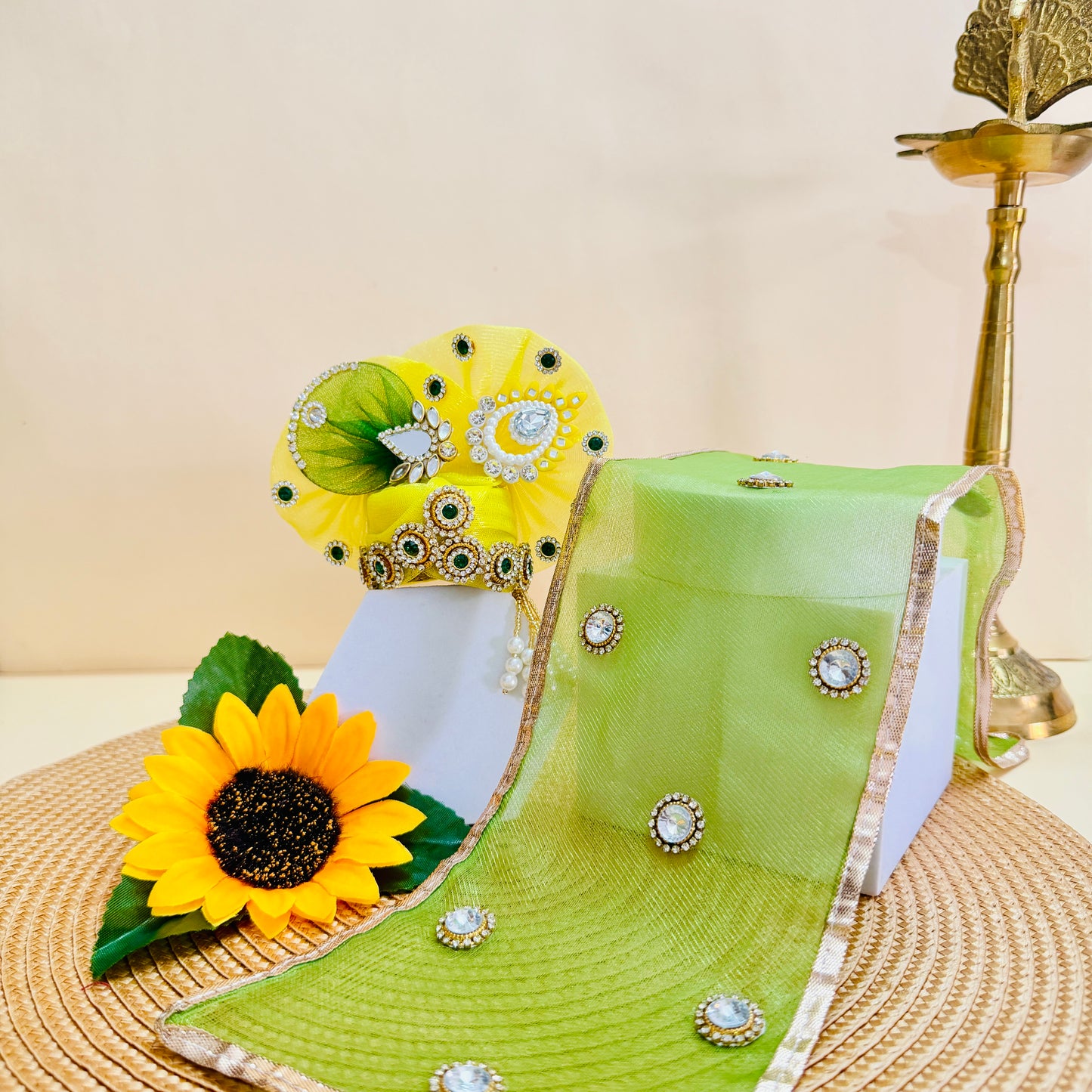 Designer Yellow Peacock Kanha ji Dress with Mukut, Bansuri & Surprise Gift