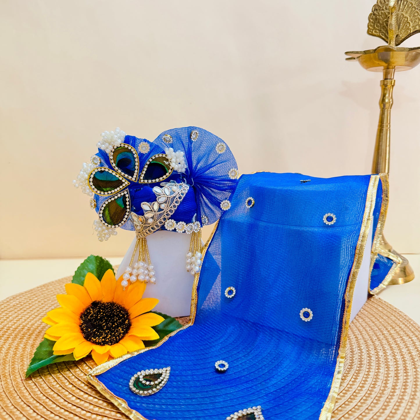 Royal Blue Peacock Feather Bal Gopal Poshak with Mukut, Bansuri & Surprise Gift