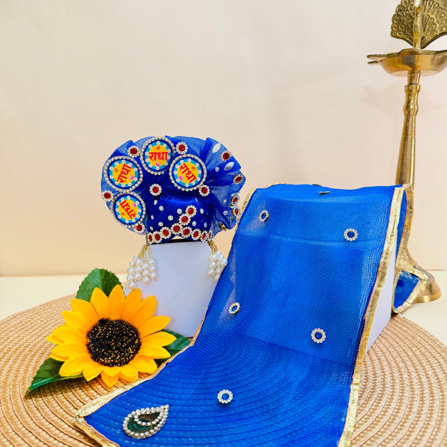 Designer Premanand Ji Maharaj Laddu Gopal Poshak with Radha Naam Theme with Mukut, Bansuri and a Gift