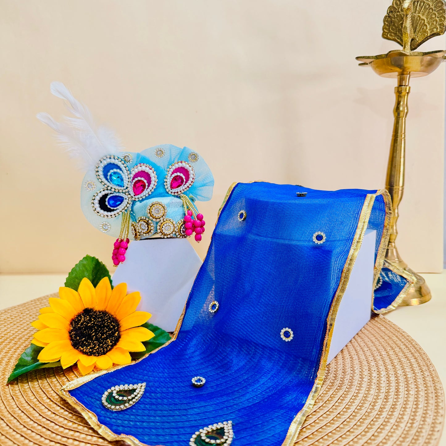 Handmade Blue Laddu Gopal Dress with Peacock Design with Mukut, Bansuri and a Gift